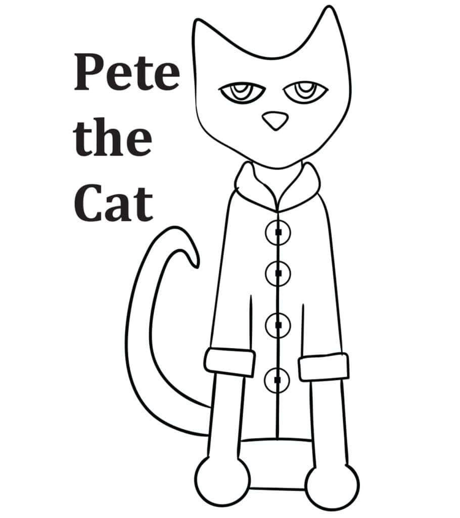 色彩繽紛貓咪插畫 壁紙 — Pete the Cat 穿著有鈕扣外套的黑白線條畫，旁邊有文字。
