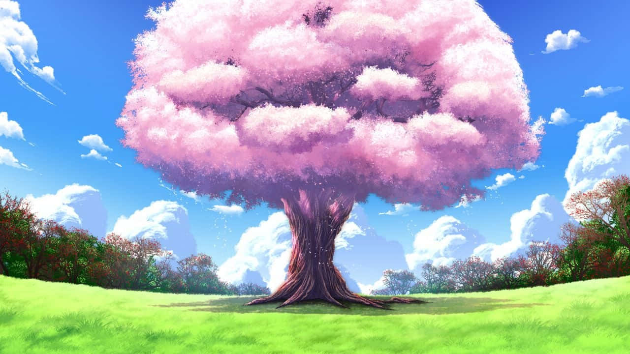 色彩繽紛迷人的動漫場景 壁紙 — 一棵雄偉的櫻花樹，開滿蓬鬆的粉紅色花朵，獨自矗立在充滿活力的綠色田野上，藍天白雲，陽光明媚。
