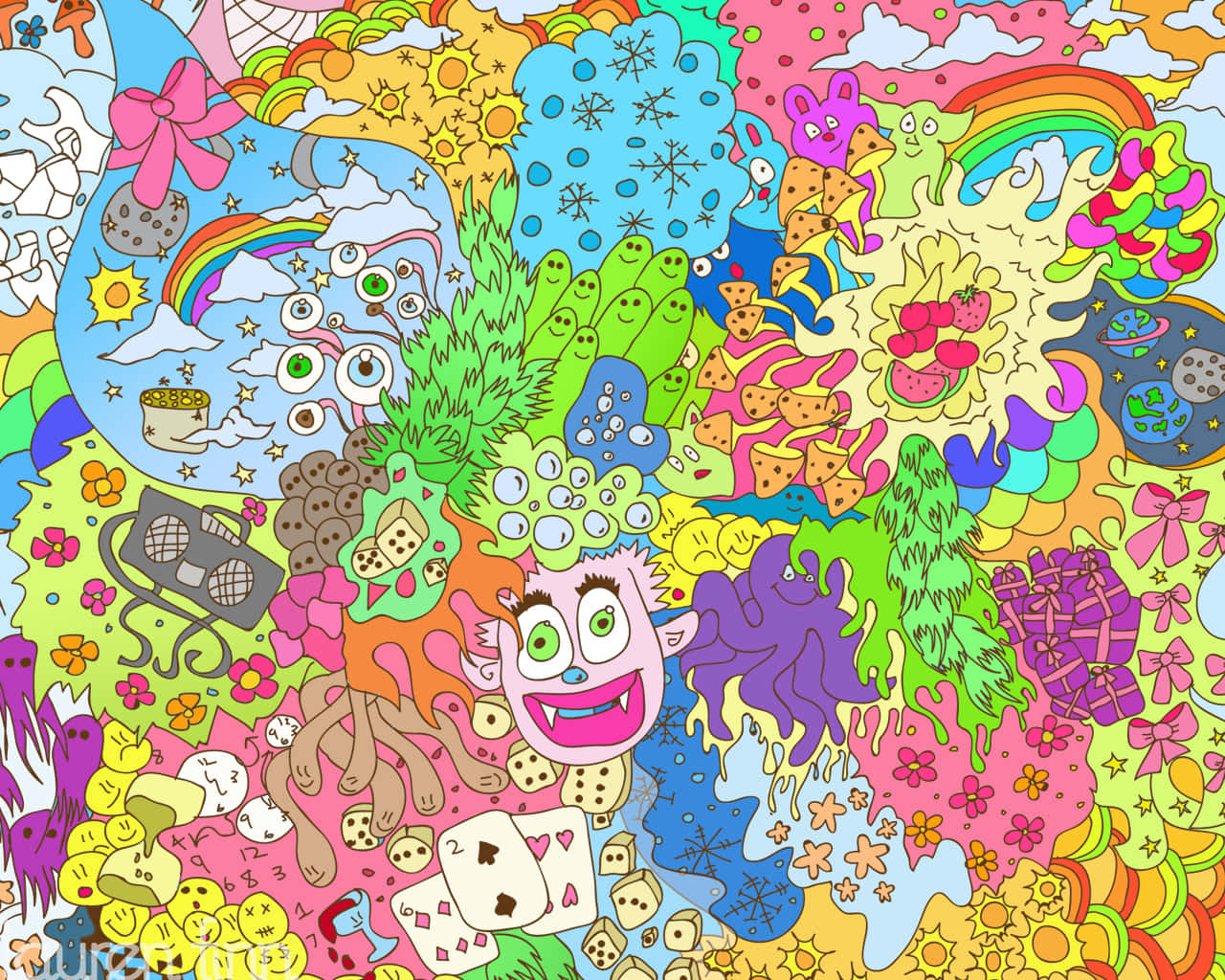 色彩繽紛迷幻塗鴉藝術圖 壁紙 — 一個混亂的迷幻拼貼畫，充滿微笑的怪物、彩虹和糖果色的塗鴉，風格充滿活力且奇特。