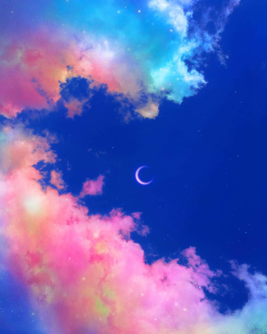 色彩繽紛迷幻雲與彎月 壁紙 — 一彎新月在繁星點點的夜空下，於充滿活力的粉紅色和藍色宇宙雲層中柔和地發光。