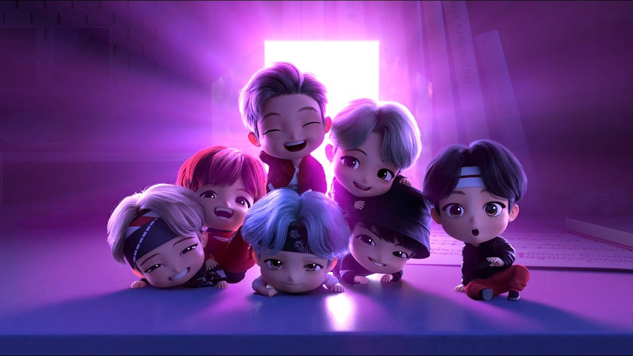 Bts Chibi 桌布 壁紙 — 色彩繽紛頭髮的Q版動漫角色聚集在一個發光的紫色門口周圍，形成風格化的數碼場景。