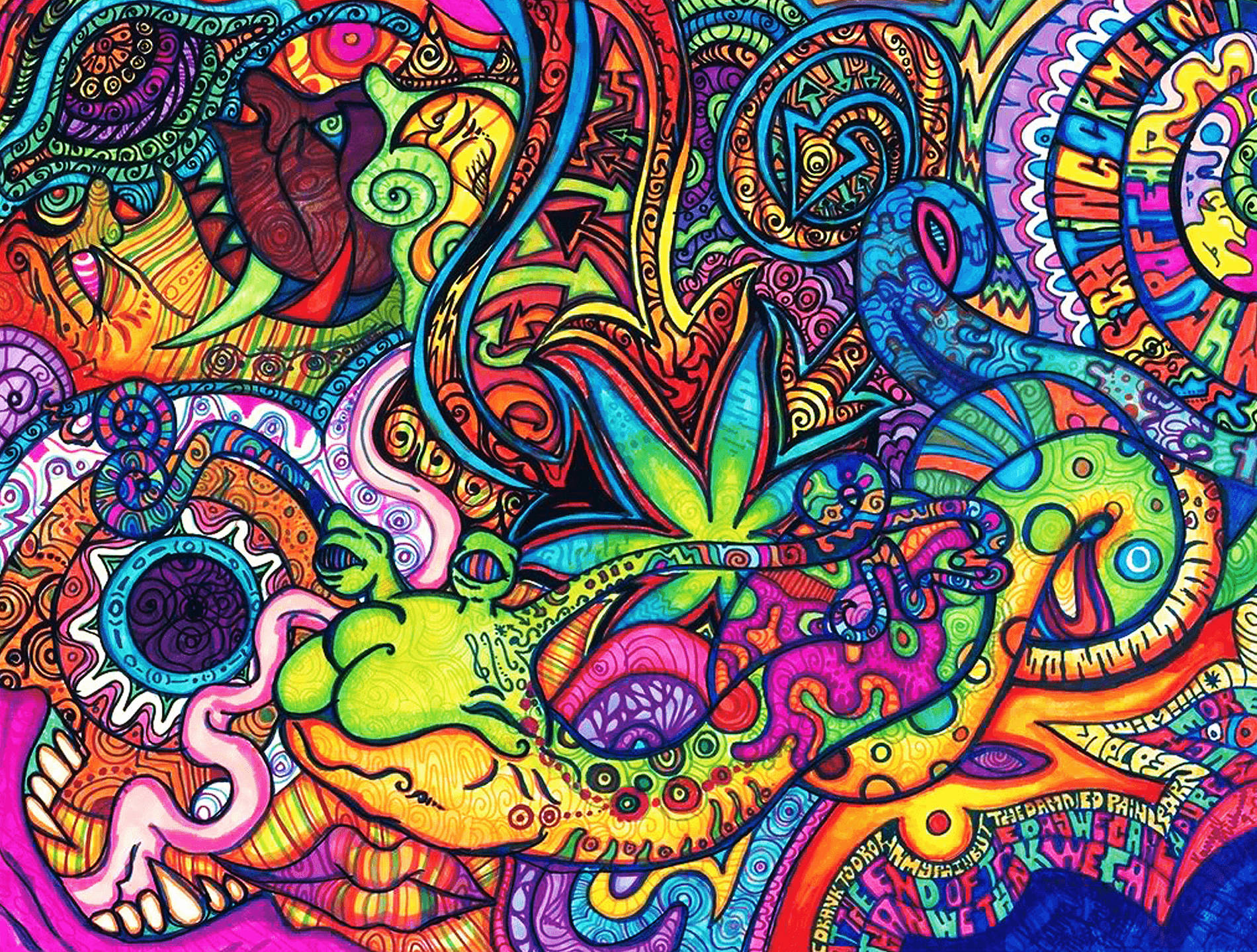 充滿電光色彩的迷幻插圖，帶有漩渦圖案和超現實有機形狀。