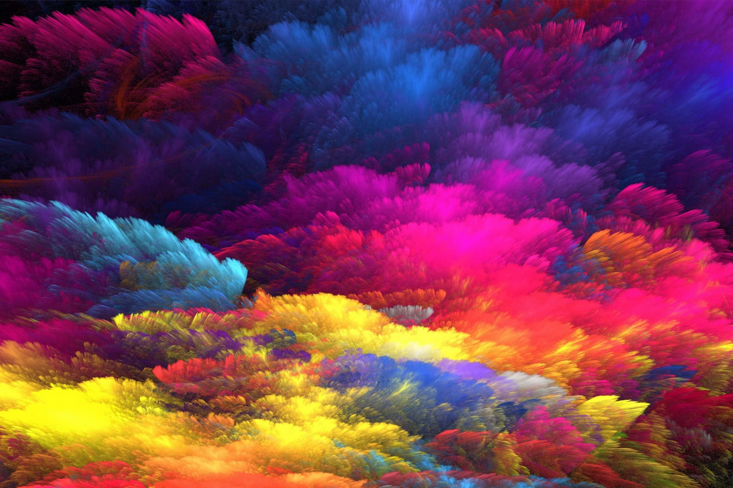 色彩雲朵 壁紙 — 鮮豔的分形雲在深色宇宙背景下以洋紅色、青色和金色的電光色調旋轉。