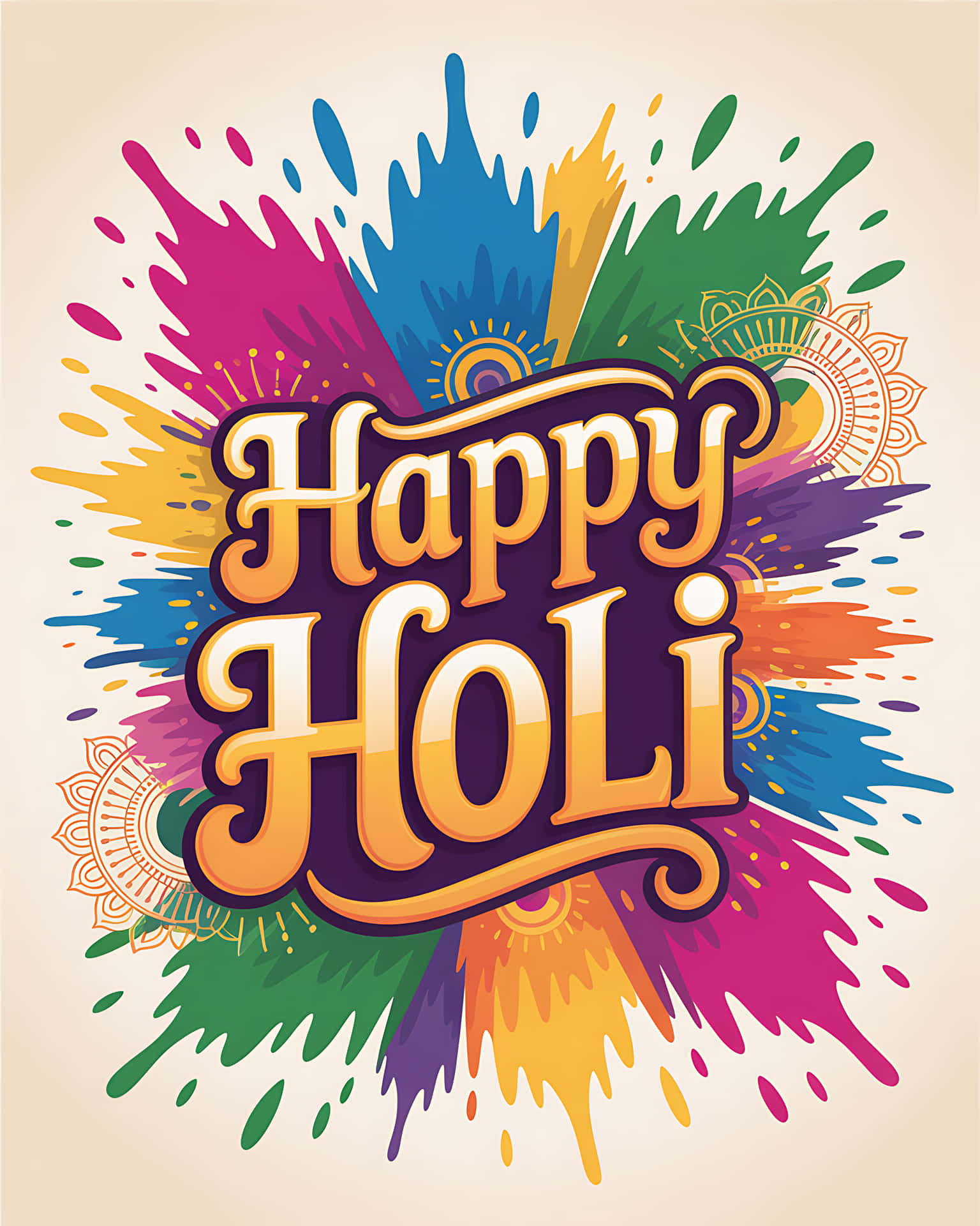 Happy Holi 節日祝福，搭配多彩顏料飛濺和曼陀羅圖案。