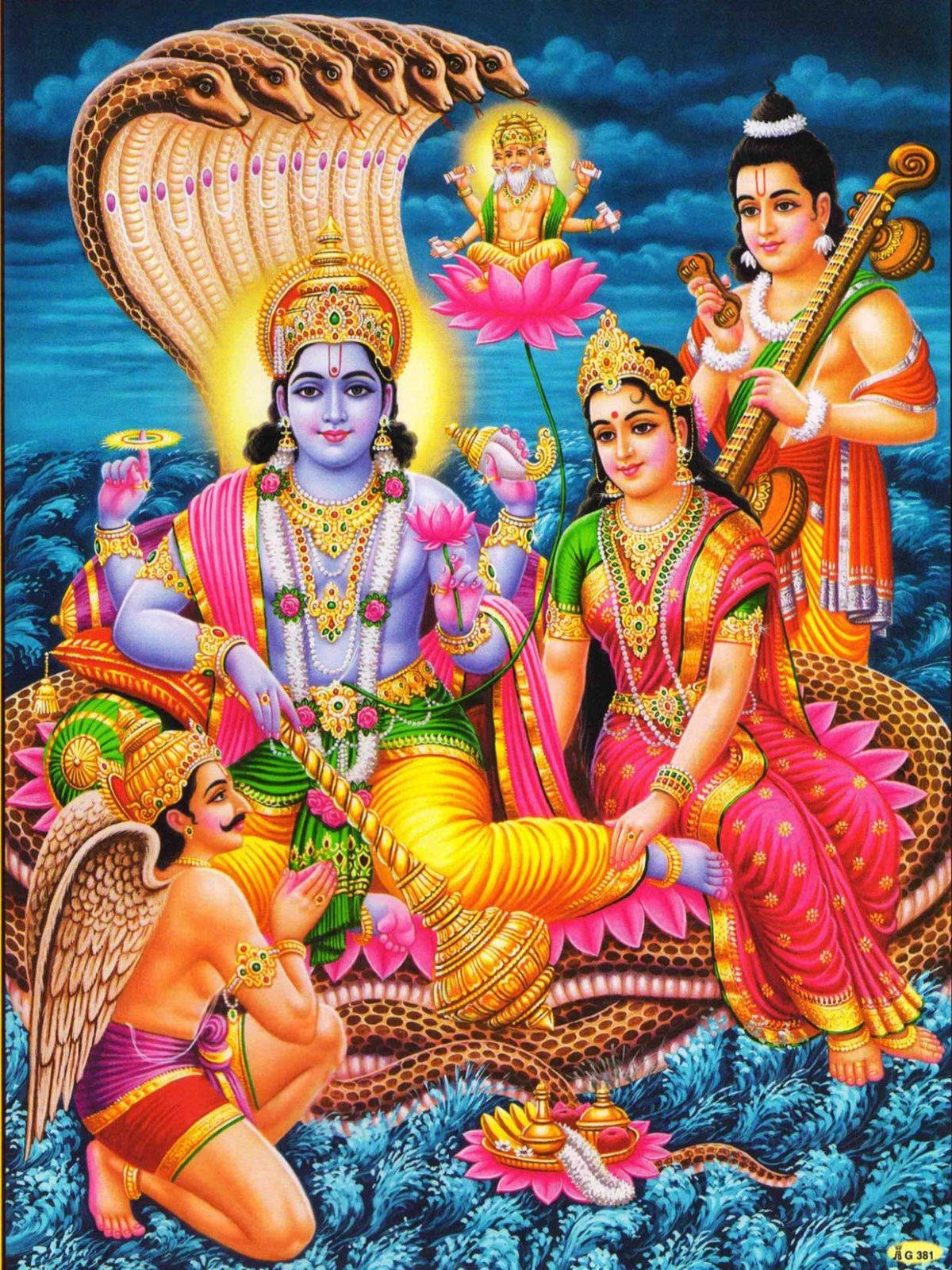 Lakshmi 桌布 壁紙 — 色彩鮮明的印度教神祇坐在多頭蛇上，在神聖的宇宙場景中，伴有蓮花和天界眾生。