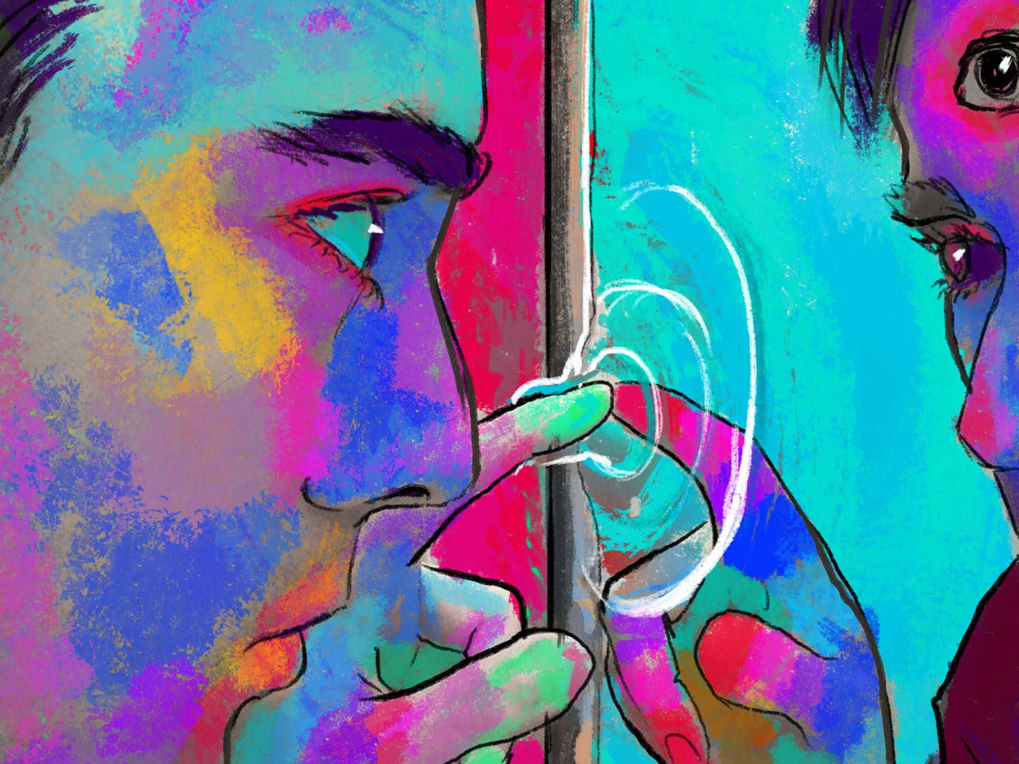 Psychedelic 70s Aesthetic 桌布 壁紙 — 色彩鮮明的插圖，描繪兩個人透過牆壁裂縫低語，伴隨旋轉的音波。