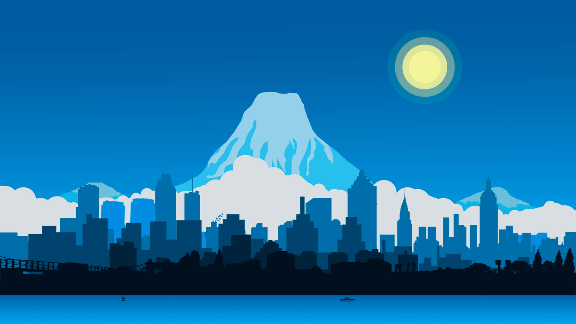 夜晚的城市天際線，有白雪覆蓋的山峰和發光的月亮。