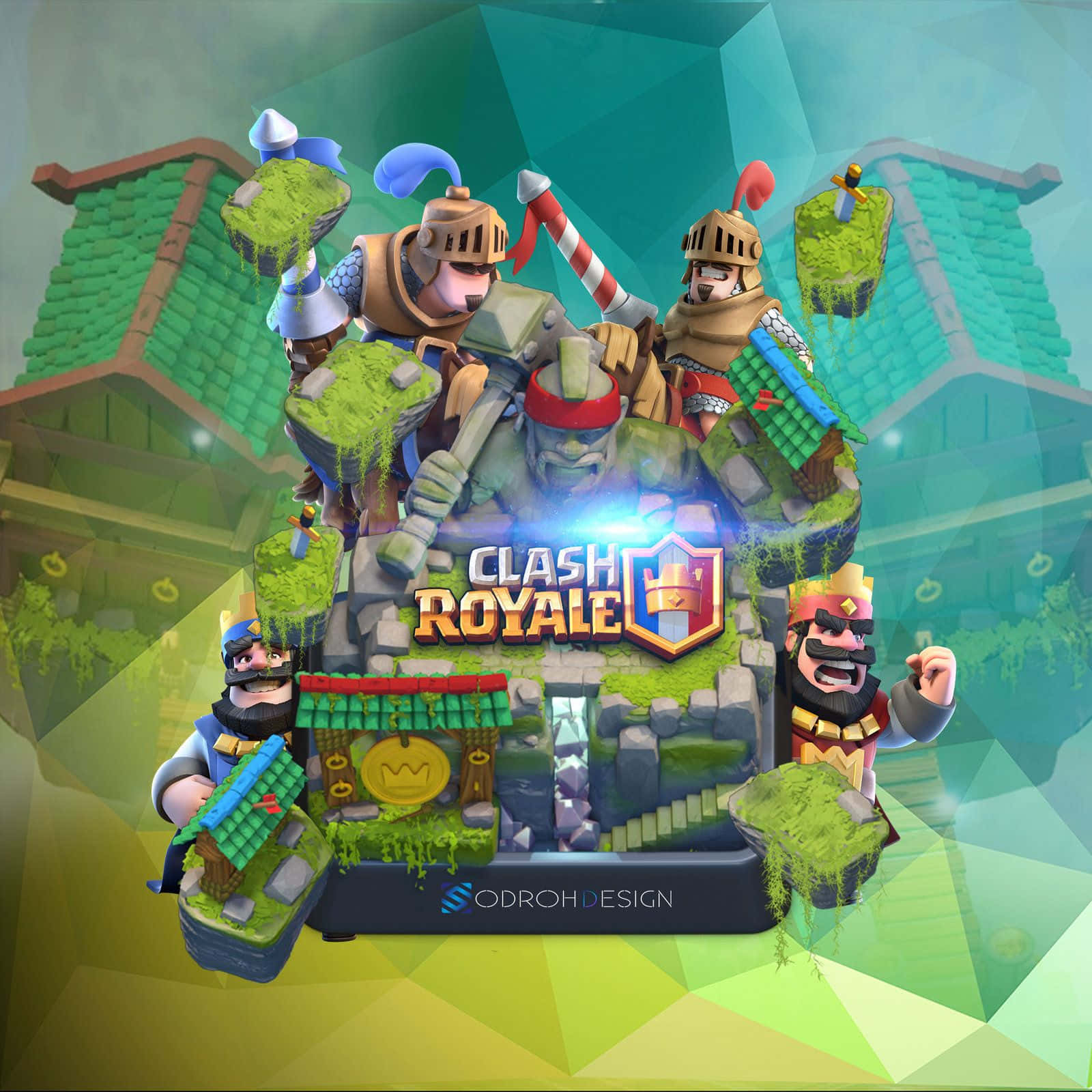 Clash Royale 桌布 壁紙 — 色彩鮮豔的《部落衝突：皇室戰爭》角色身穿3D渲染的奇幻盔甲，站在長滿青苔的石頭城堡上，背景是發光的綠色幾何圖案。