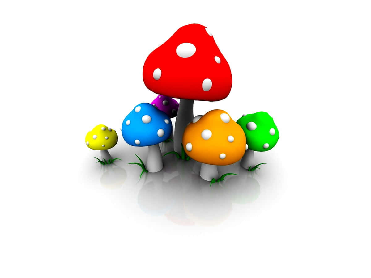 Kawaii Mushroom 桌布 壁紙 — 色彩鮮豔的3D渲染蘑菇，有紅色、藍色、黃色、綠色和橙色，帶有白色斑點，立在反光表面上。