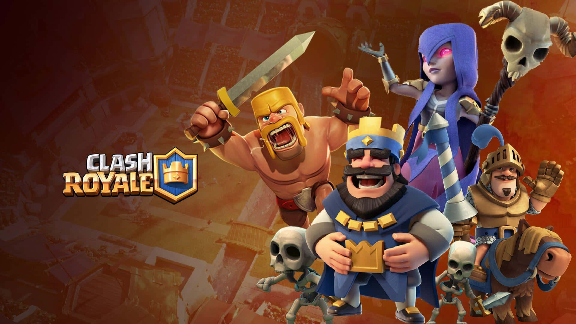 部落衝突：皇室戰爭 桌布 壁紙 — 色彩鮮豔的Clash Royale角色以動態姿勢呈現，帶有骷髏和劍，背景是熾熱的戰場。
