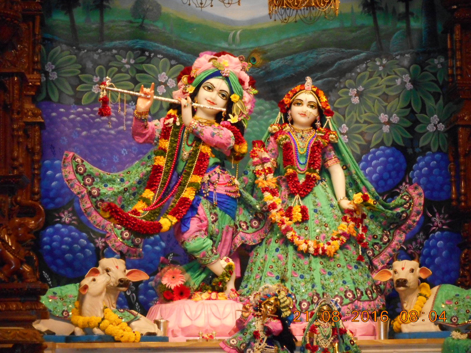 Hindu God 桌布 壁紙 — 色彩鮮豔的克里希納和拉達雕像，裝飾著色彩繽紛的花環，背景是茂盛的彩繪，腳下有牛。