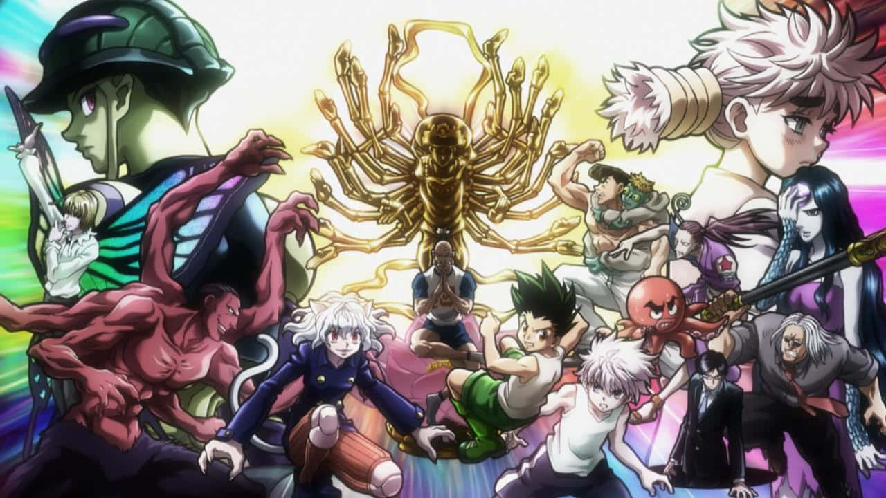 Shonen Anime 桌布 壁紙 — 色彩鮮豔的動漫角色圍繞著一個發光的金色昆蟲狀生物，背景是絢麗多彩的。