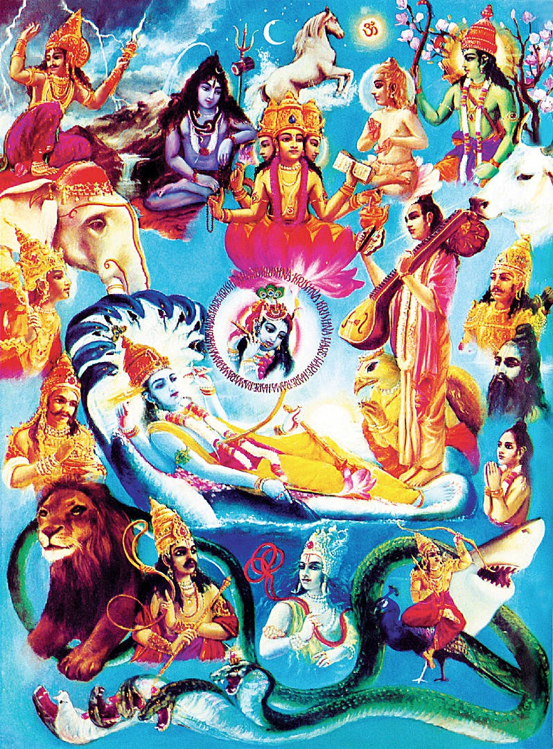 Indian 桌布 壁紙 — 色彩鮮豔的插圖，描繪印度教神靈和神話生物在明亮的藍天下圍繞著中央神聖人物旋轉。