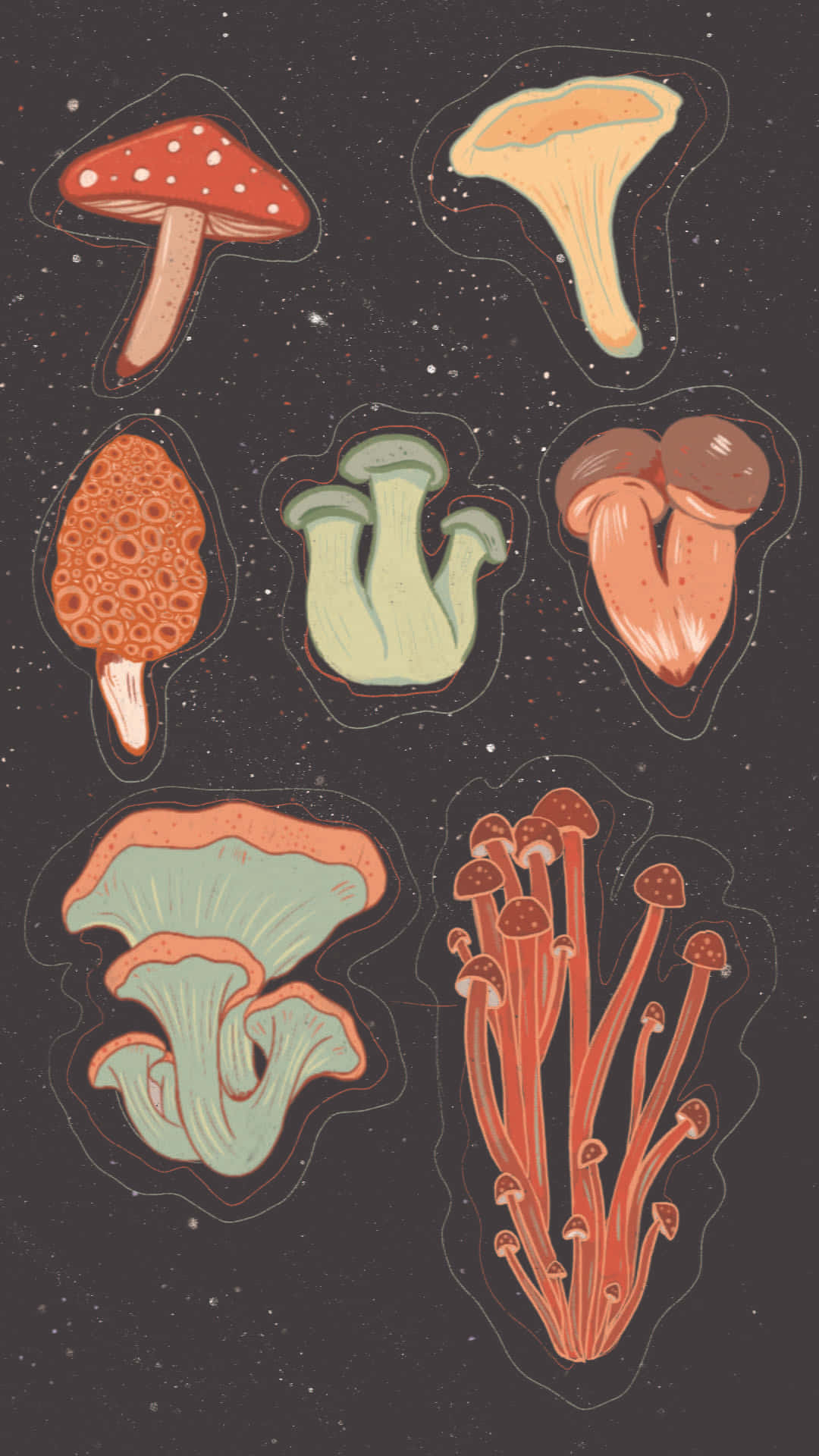 Kawaii Mushroom 桌布 壁紙 — 色彩鮮豔的插圖蘑菇在星光宇宙背景上漂浮，帶有發光輪廓。
