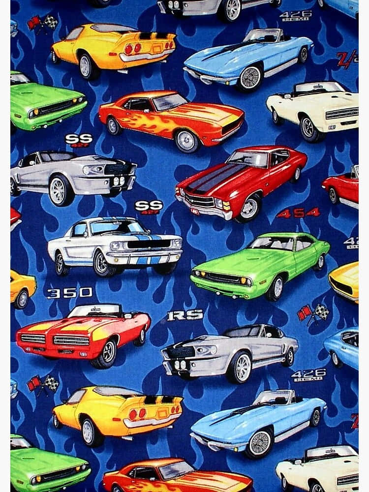 Car Pattern 桌布 壁紙 — 色彩鮮豔的經典肌肉車在動態藍色火焰背景上奔馳。