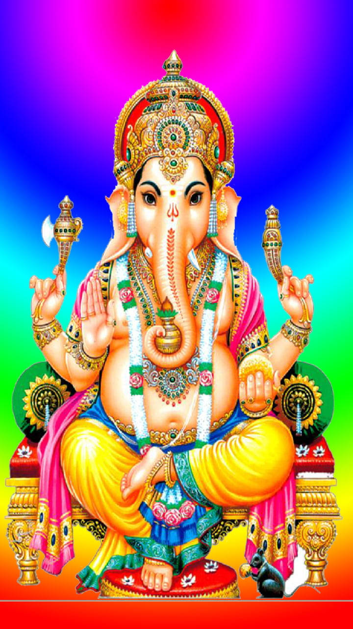 ganesh iPhone 桌布 壁紙 — 色彩鮮豔的象頭神伽內什插圖，莊嚴地坐在寶座上，腳邊有一隻老鼠，背景是彩虹漸變色。
