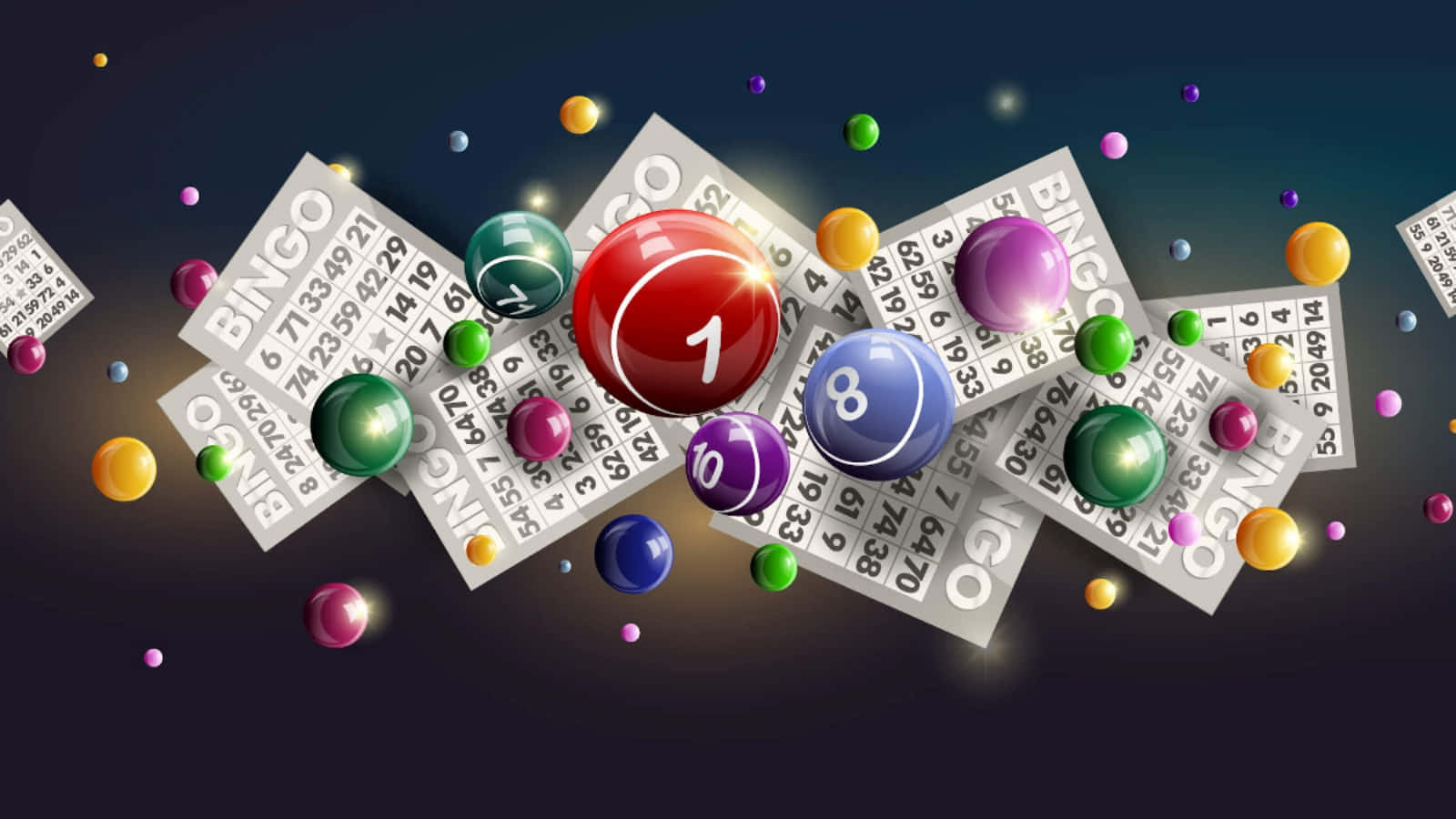 Bingo 桌布 壁紙 — 色彩鮮豔的賓果球和卡片在深色漸變背景上動態漂浮，帶有發光高光。