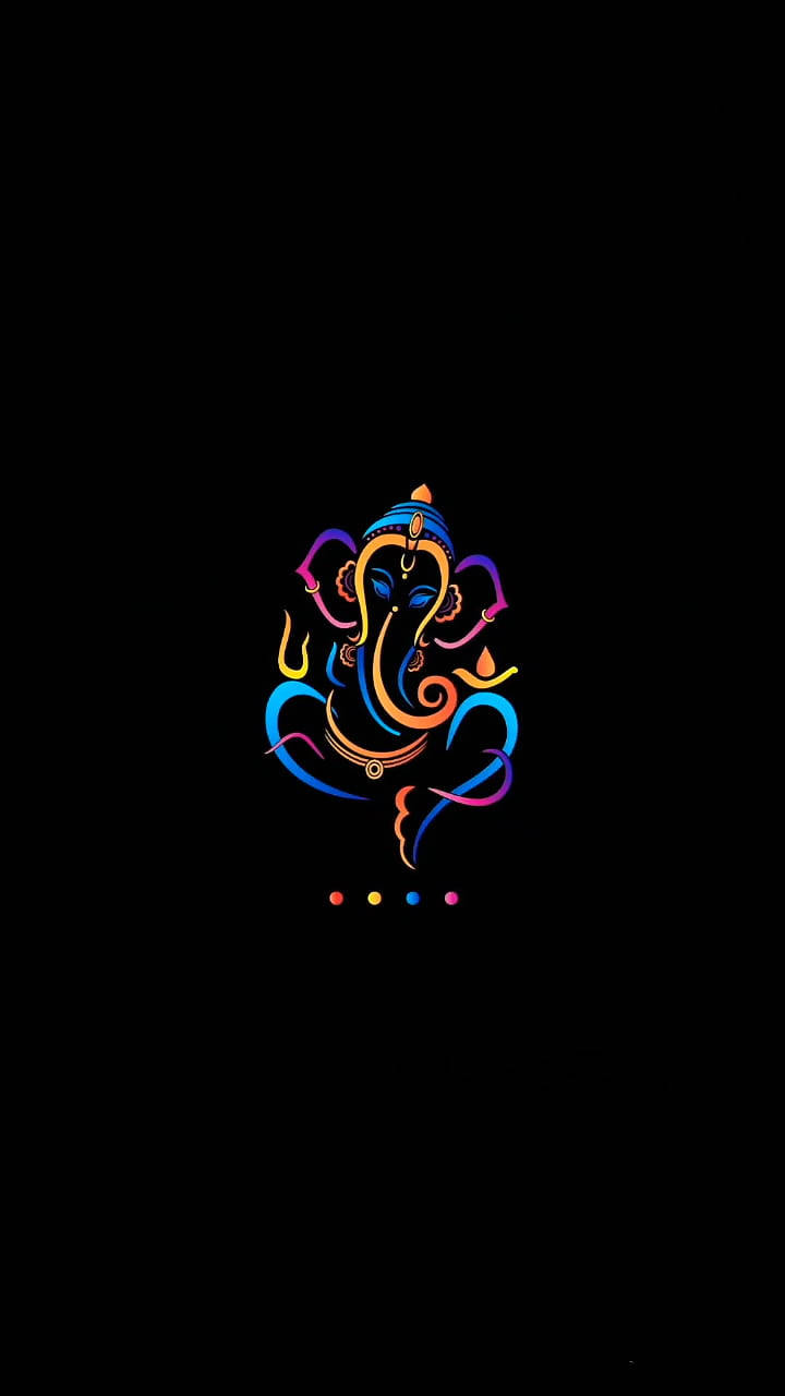 hindu iPhone 桌布 壁紙 — 色彩鮮豔的霓虹色象神插圖在純黑背景上發光，下方有彩色圓點。