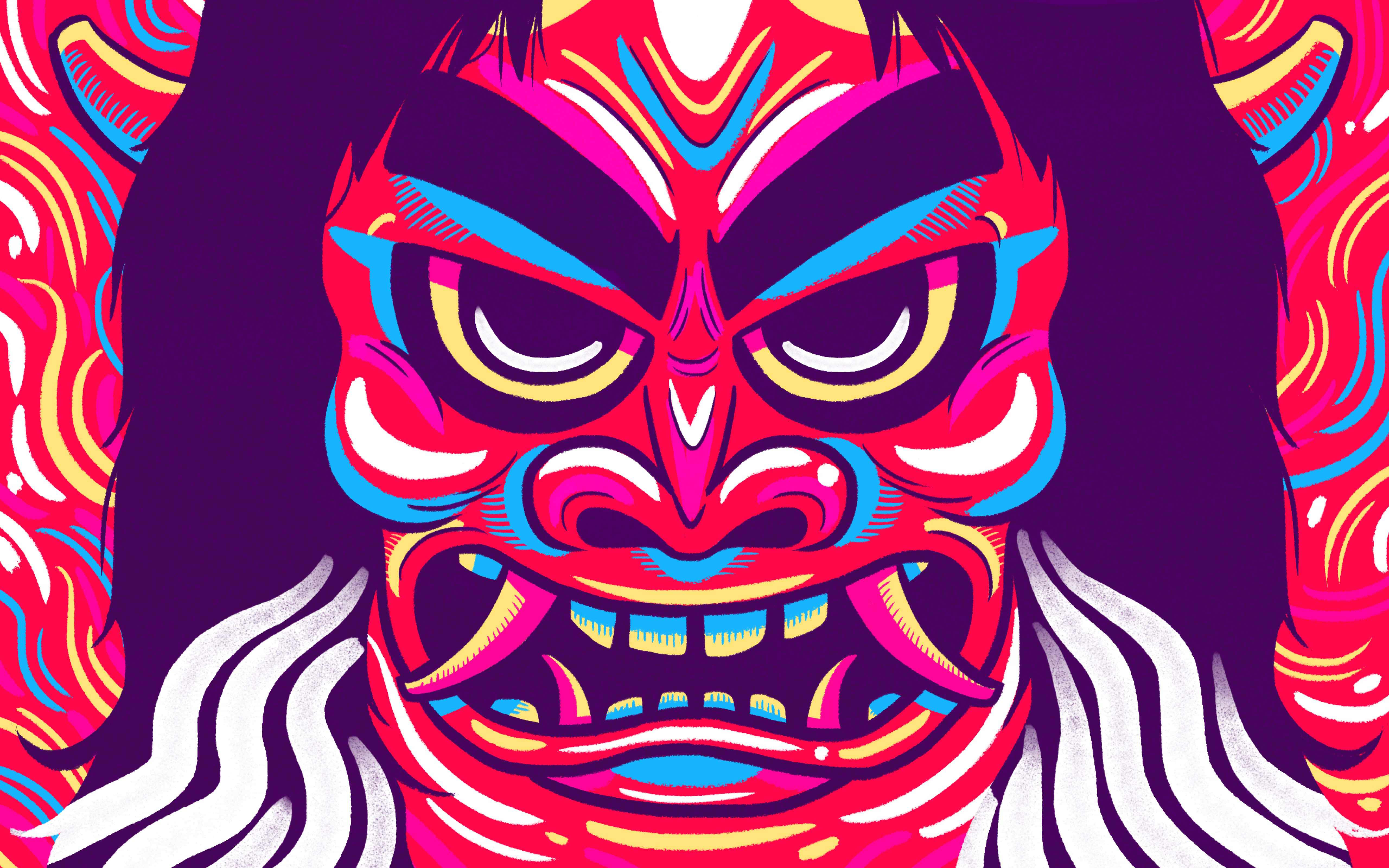 Tengu 桌布 壁紙 — 色彩鮮豔的風格化日本鬼面具，帶有兇猛的眼睛和鋒利的牙齒，背景是旋轉的迷幻圖案。