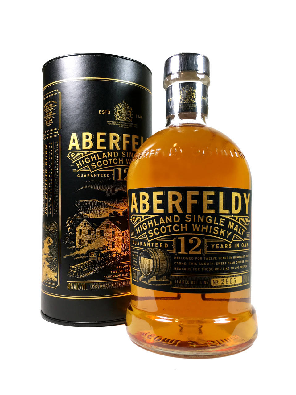 Aberfeldy 12年高地單一麥芽蘇格蘭威士忌酒瓶和管，帶有金色字樣。