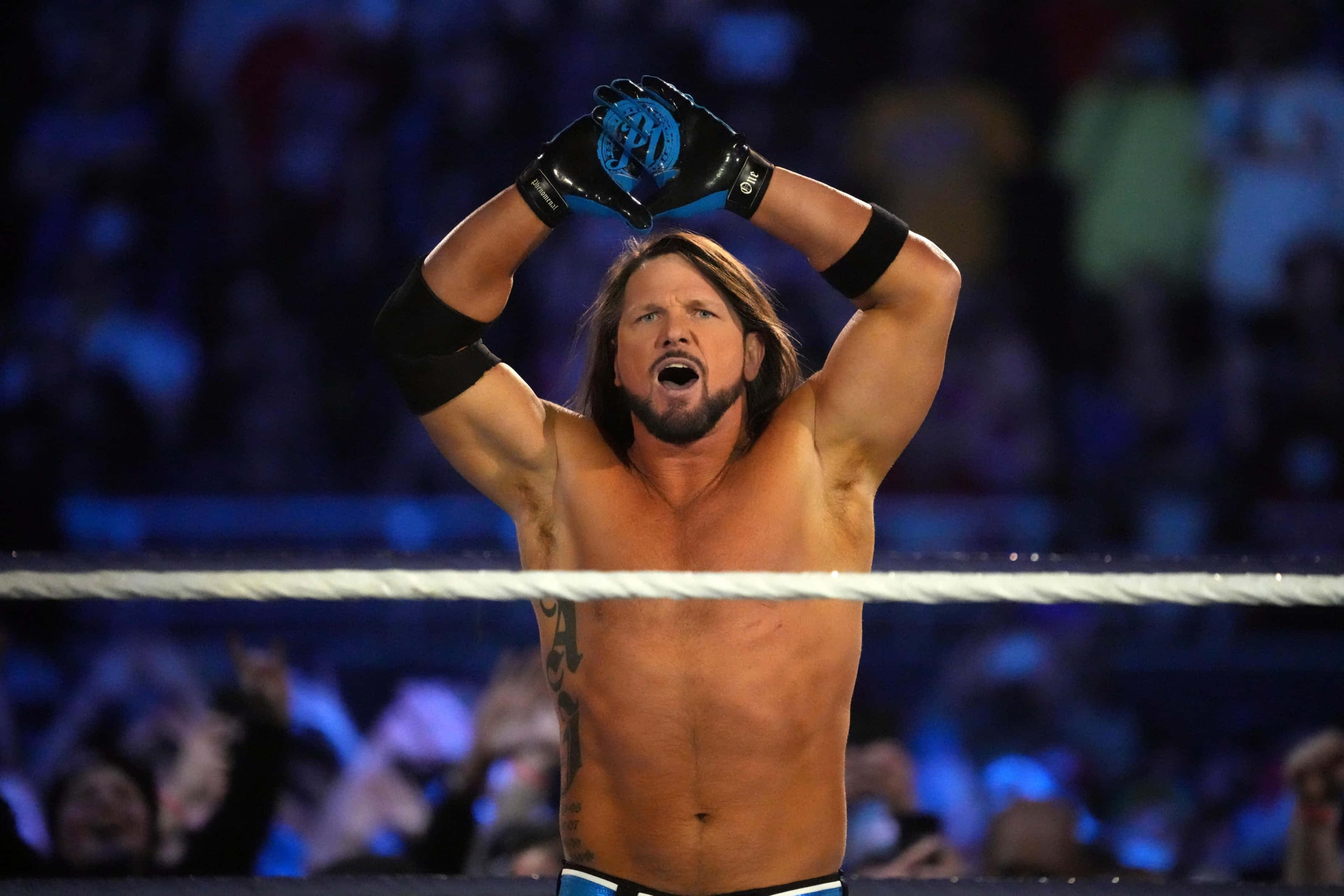 艾倫·尼爾·瓊斯，即AJ Styles 壁紙 — 長髮、戴藍色手套的摔角手在燈光閃爍的擂台上高舉雙臂，背景是模糊的人群。