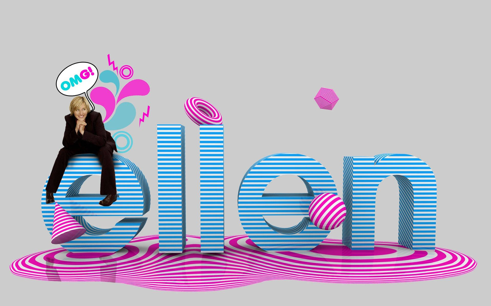 艾倫·德詹尼絲姓名海報 壁紙 — 一名女性坐在巨型條紋字母 'ellen' 上，帶有粉紅色漩渦和一個寫著 'OMG!' 的對話框，背景為灰色。