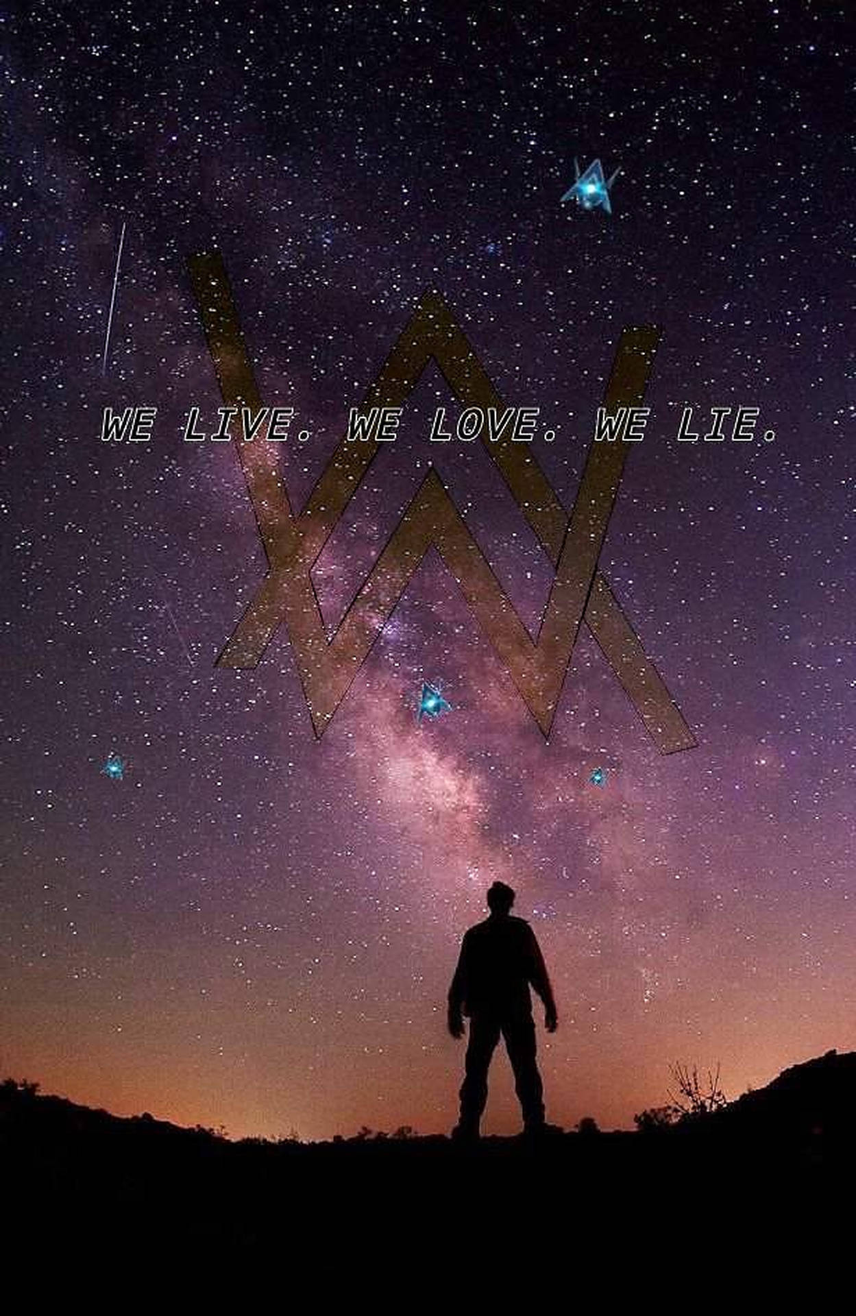 一個人的剪影站在星空夜空下，有發光的銀河和漂浮的標誌。