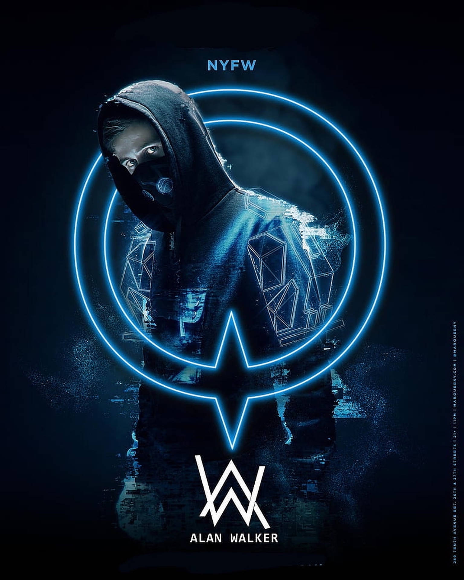 Alan Walker 穿著深色連帽衫，帶有發光的藍色霓虹環和數位效果。
