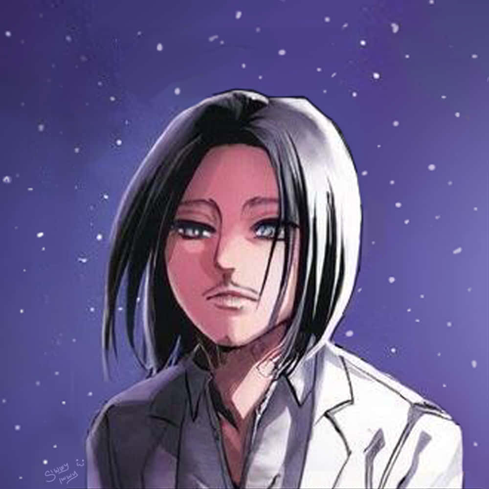 「艾倫·耶格——自由與決心的化身」 壁紙 — 一個莊嚴的動漫角色，銀色頭髮和藍色眼睛，在繁星點點的紫色夜空下凝視前方。