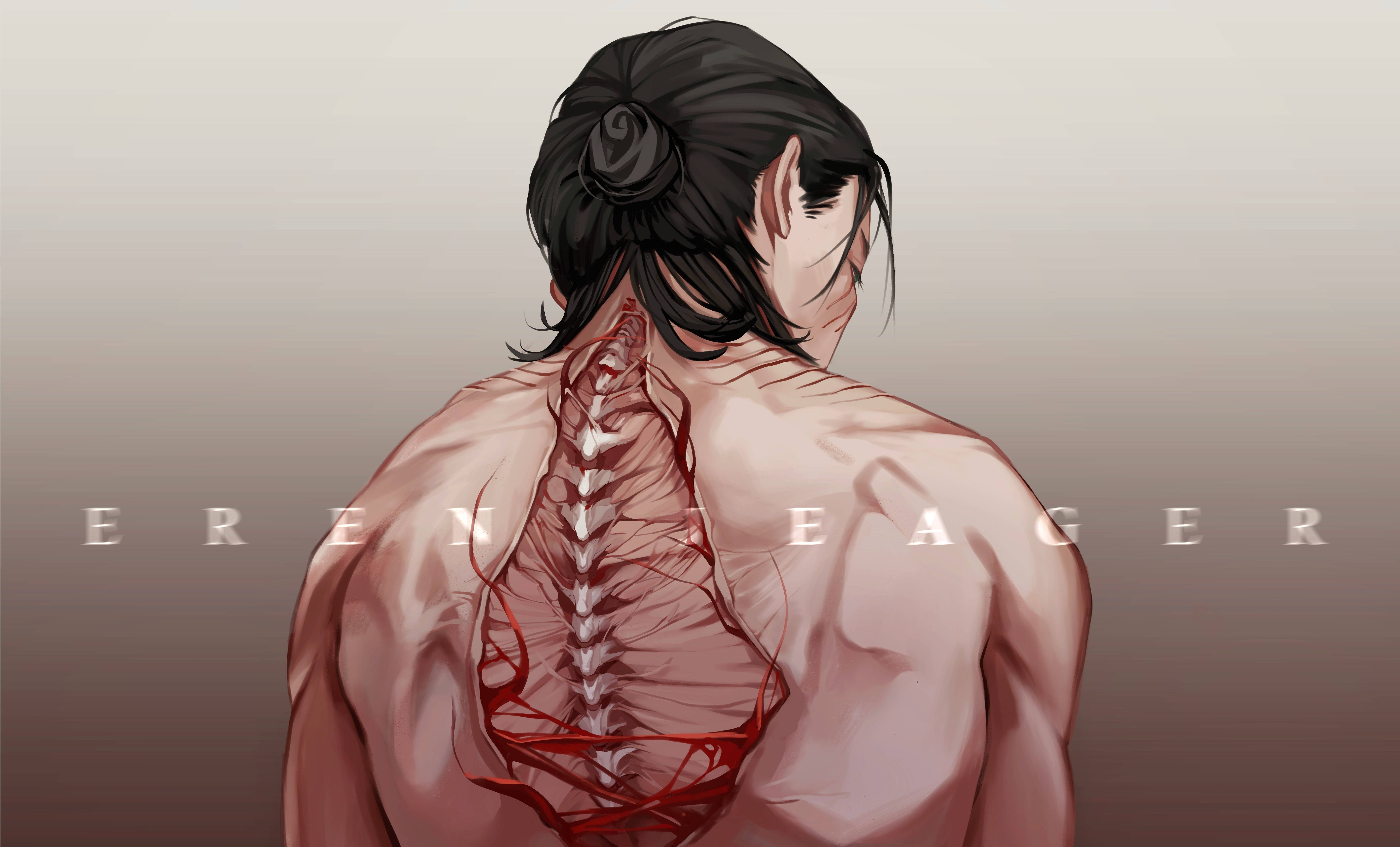 艾倫·耶格爾的始祖巨人 壁紙 — 一個肌肉發達的動漫角色背面，暴露的脊髓和紅色靜脈，背景為漸變色。
