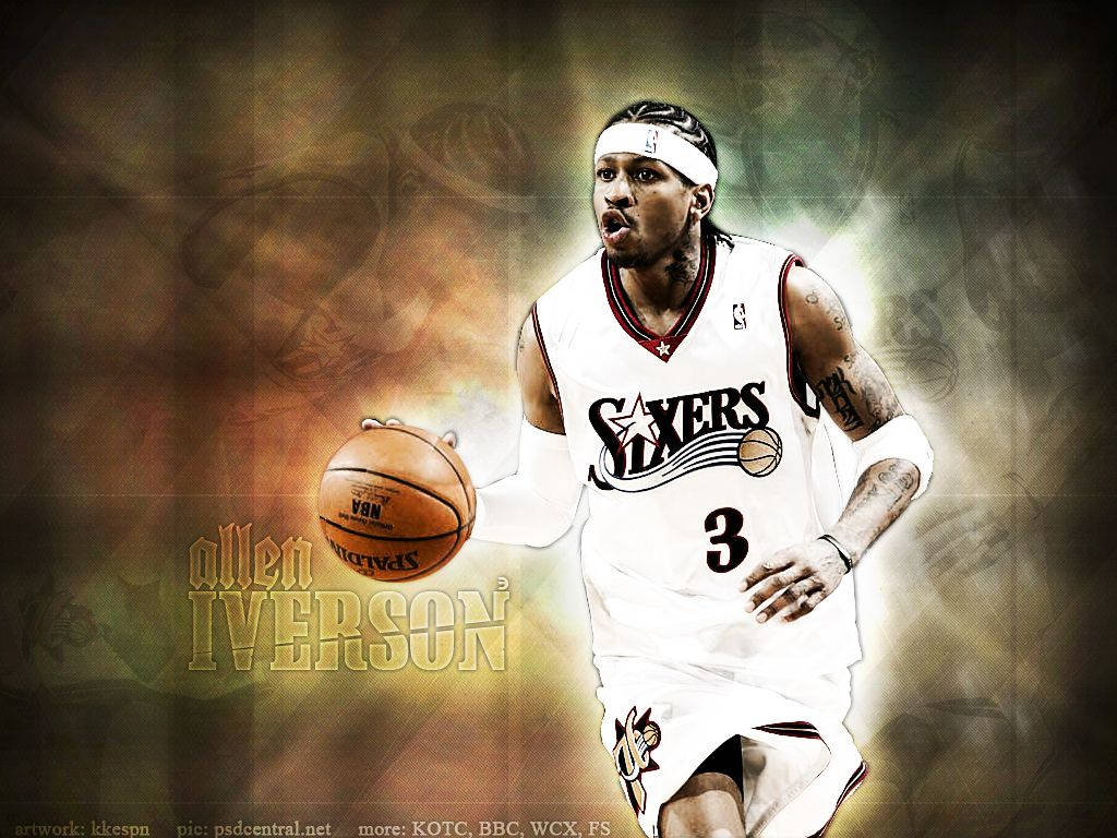 Allen Iverson 身穿白色七六人球衣，在發光金色背景下運球。