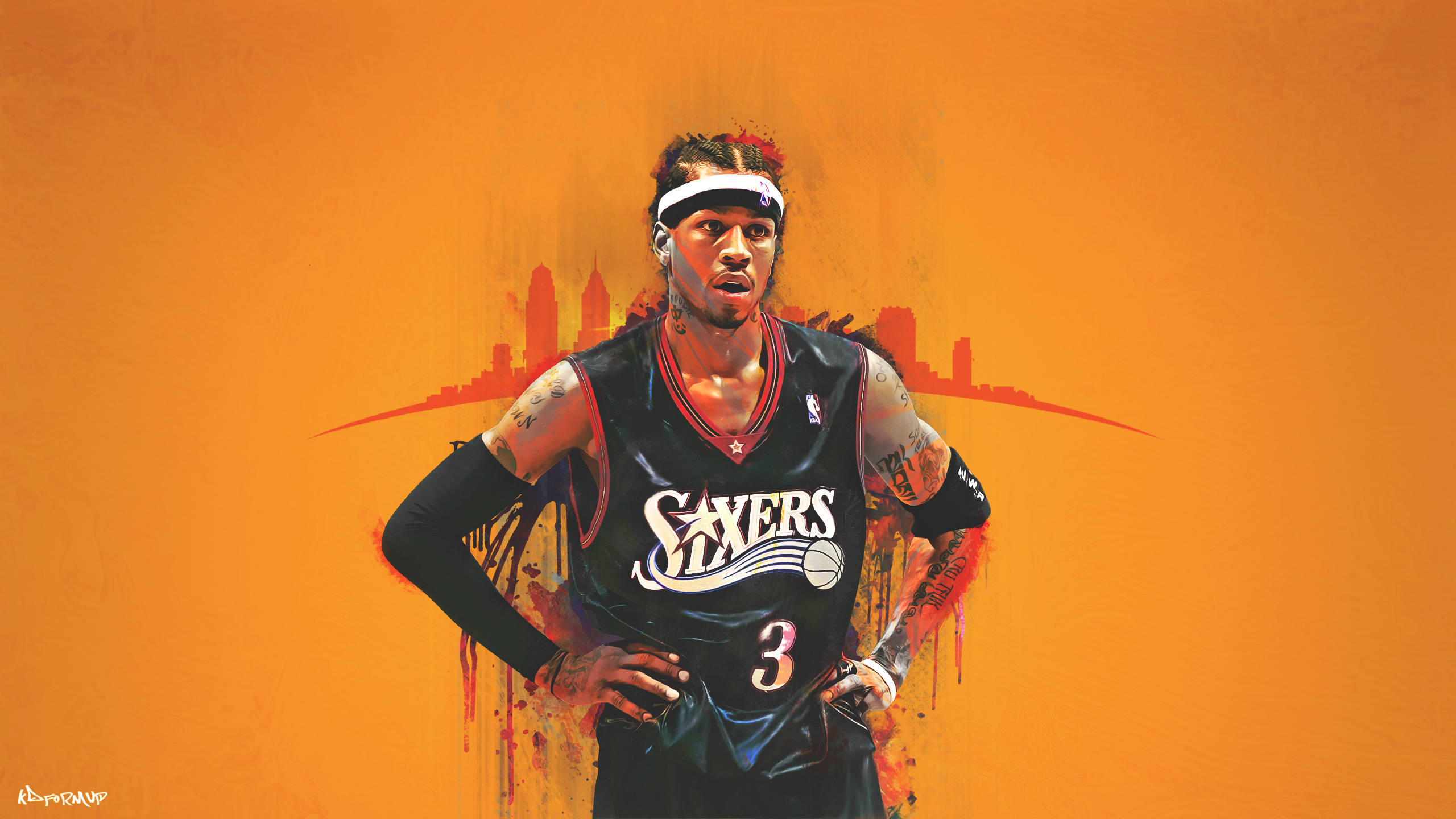 艾倫·艾弗森橙色背景圖 壁紙 — 一位身穿Sixers球衣的籃球運動員自信地站在橙色背景前，背景有城市天際線剪影。