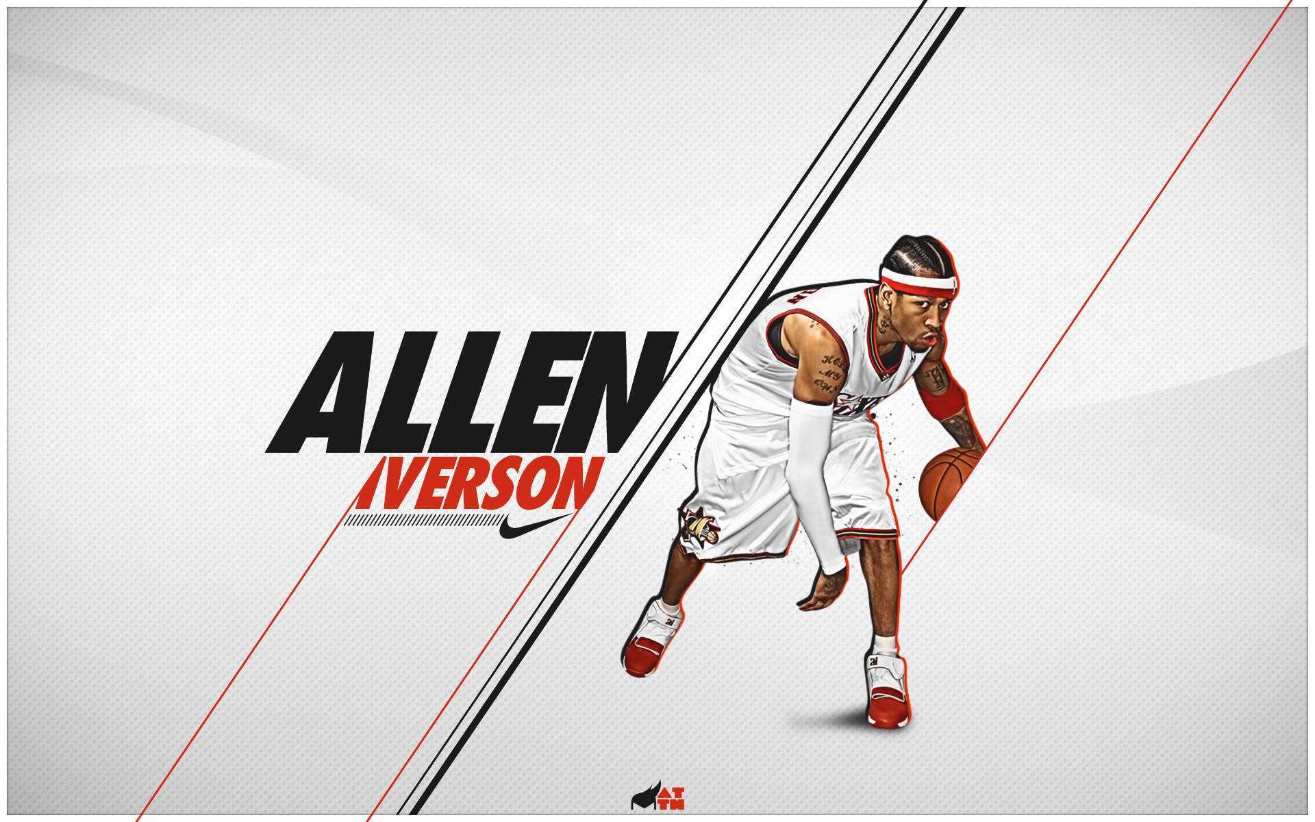 艾倫·艾弗森現代運動白色背景 壁紙 — 插圖籃球運動員 Allen Iverson 身穿白色球衣，在紋理灰色背景上以動態對角線和粗體文字運球。