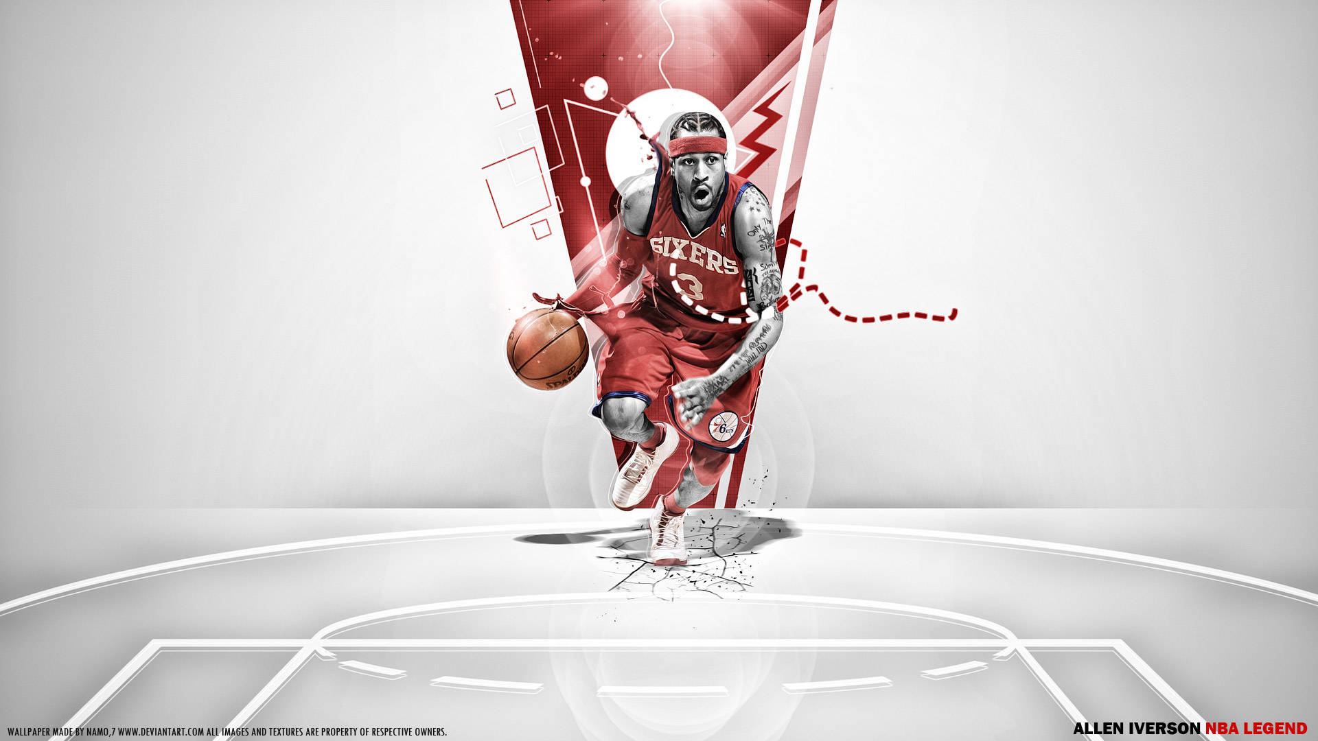 艾倫·艾弗森紅色現代抽象背景 壁紙 — Allen Iverson 身穿紅色76人球衣運球，身後有動態紅色圖形元素在極簡球場上爆發。