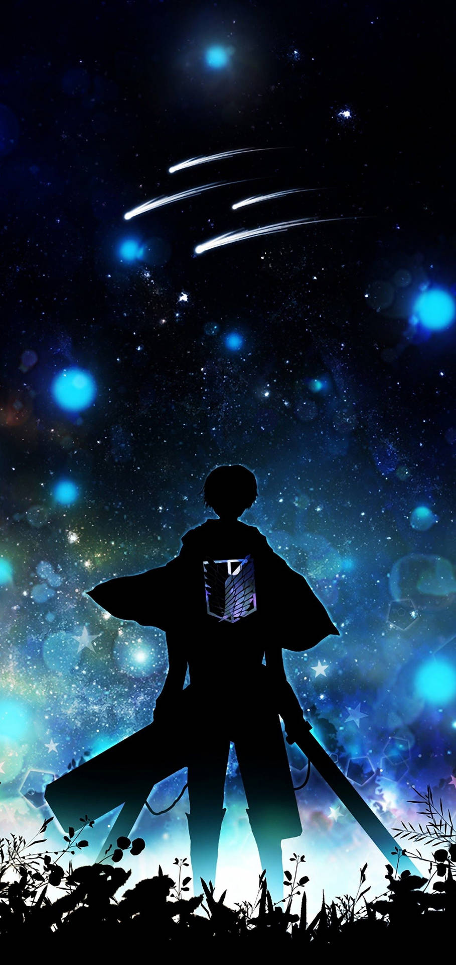 動漫戰士剪影手持劍，在發光的藍色星空下，有流星。