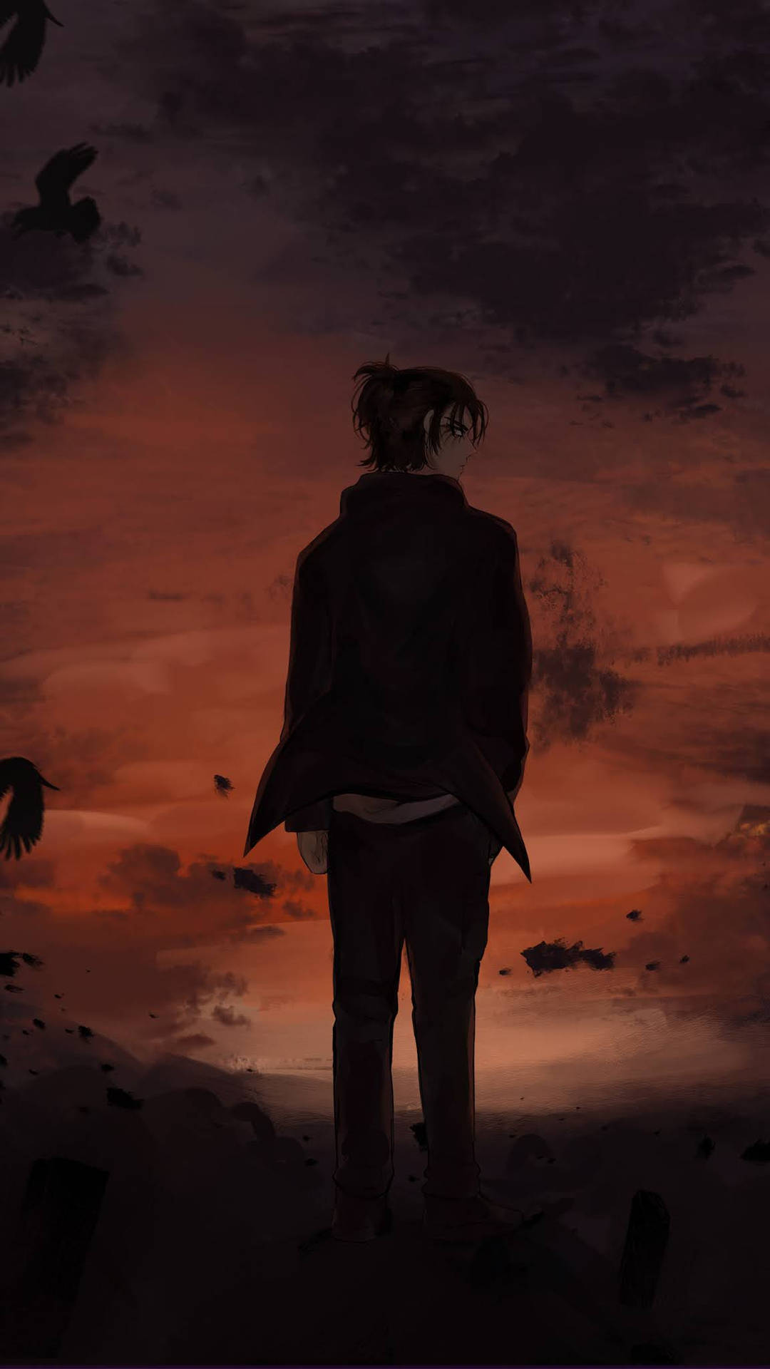 艾倫夕陽手機壁紙 壁紙 — 一個孤獨的身影在熾熱的日落天空襯托下形成剪影，黑暗的鳥兒在憂鬱的動漫場景中翱翔。