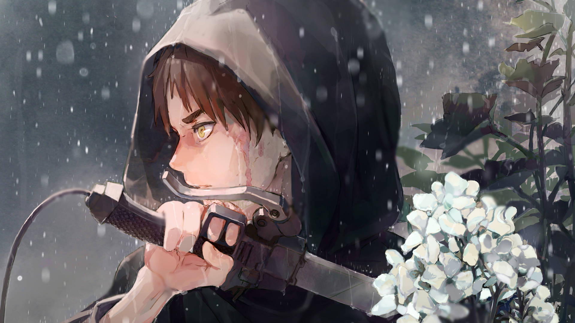 艾倫白花 壁紙 — 一個戴著兜帽的動漫戰士在雨中握劍，臉上沾血，旁邊有白花。
