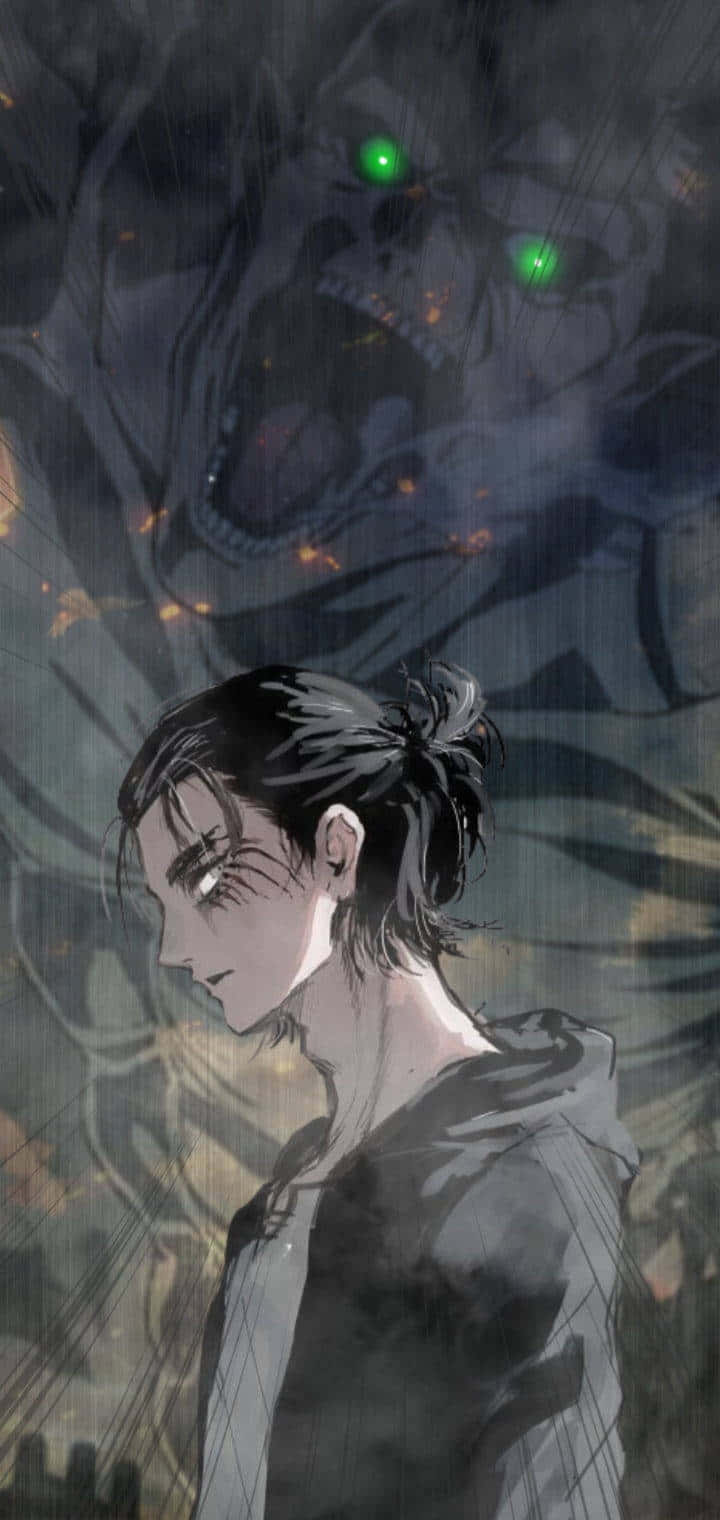 艾倫耶格爾與巨人頭像 壁紙 — 一個濕髮的年輕男子低頭看著，一個發著綠光的巨人出現在他身後，場景陰暗多雨。