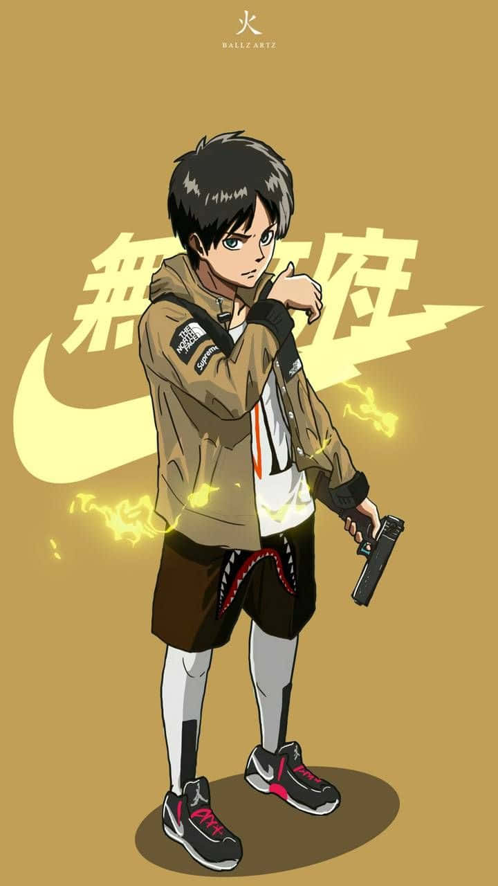 艾倫耶格爾銳利目光動漫頭像 壁紙 — 動畫男孩穿著棕色外套和短褲，在芥末色背景下握著帶有發光黃色能量的手槍。