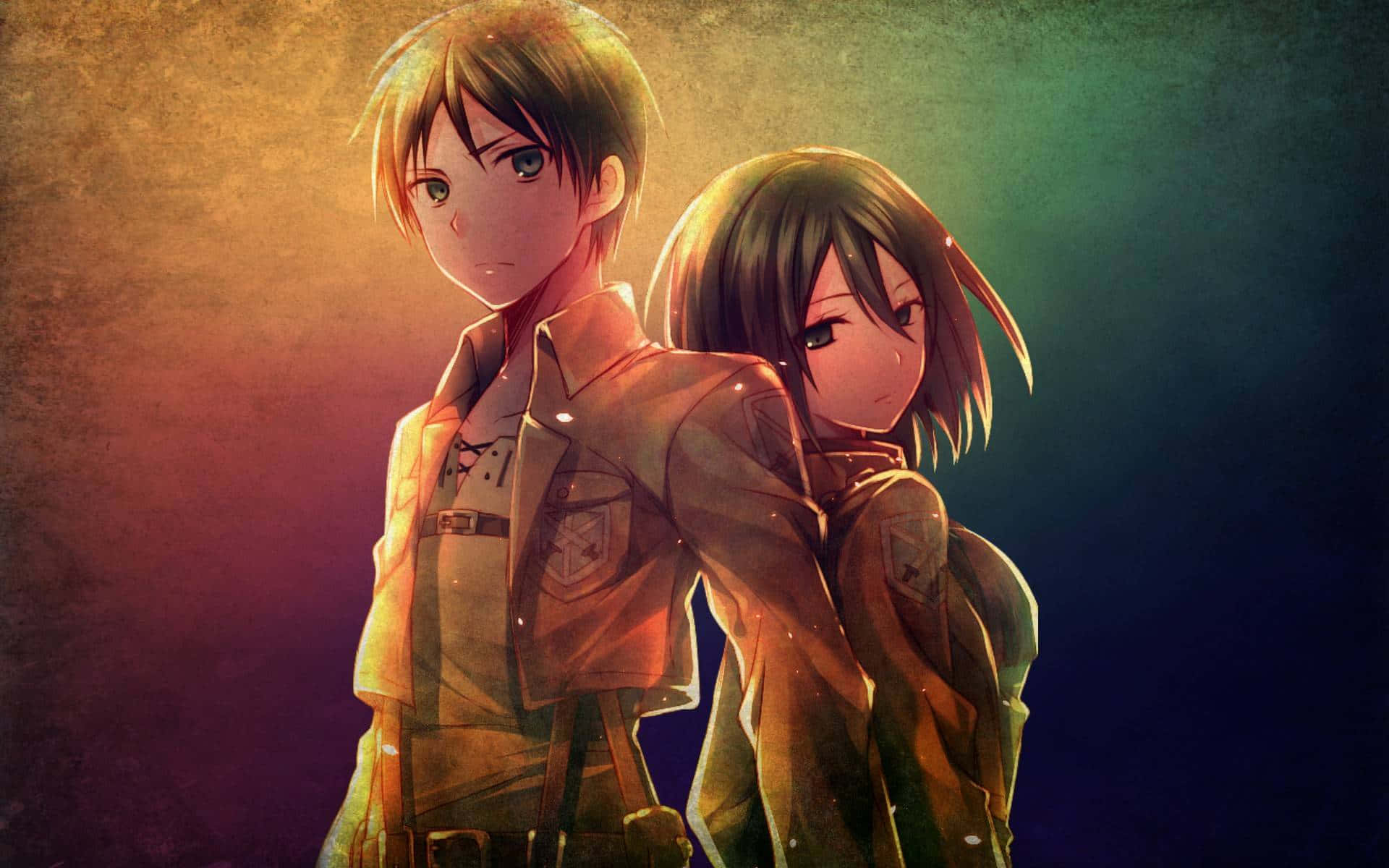 兩個穿著軍服的動漫角色靠近站立，其中一個在哭泣。