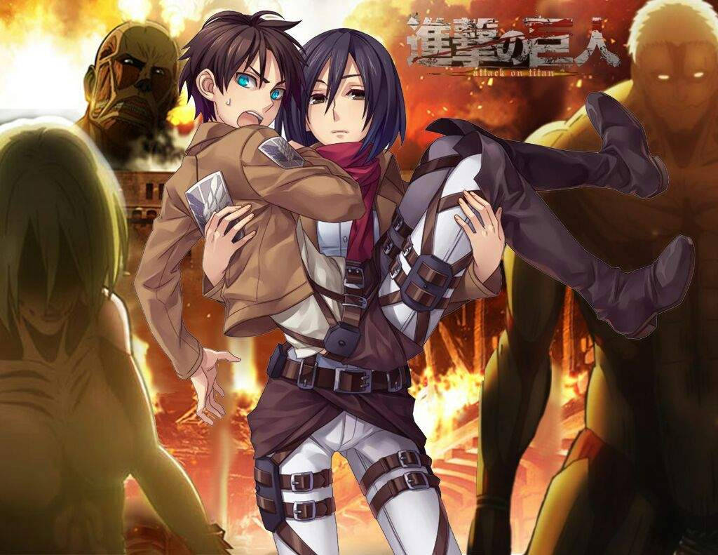 艾倫與米卡莎進擊的巨人標誌 壁紙 — 兩個穿著軍裝的動漫角色緊緊擁抱，巨大的類人巨人威脅性地聳立在火熱的末日背景中。