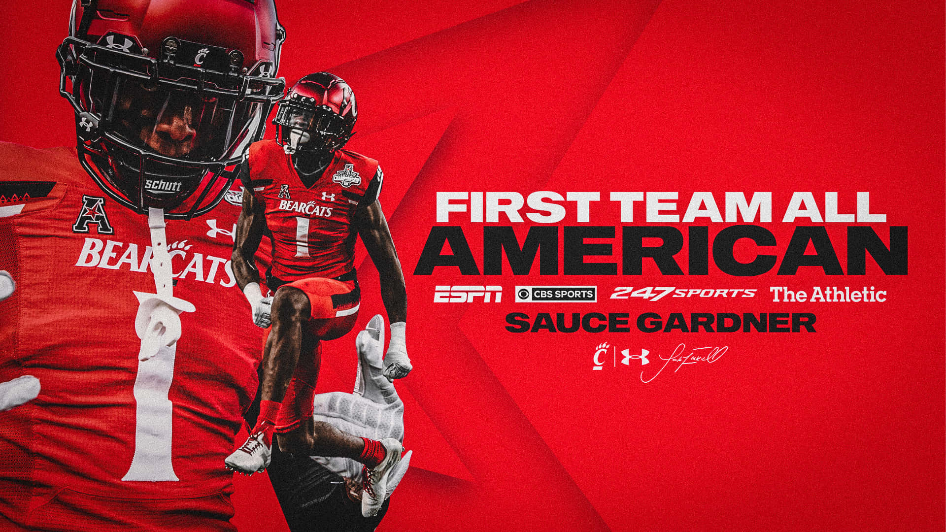 足球運動員Sauce Gardner身穿紅色Bearcats制服慶祝First Team All American榮譽。