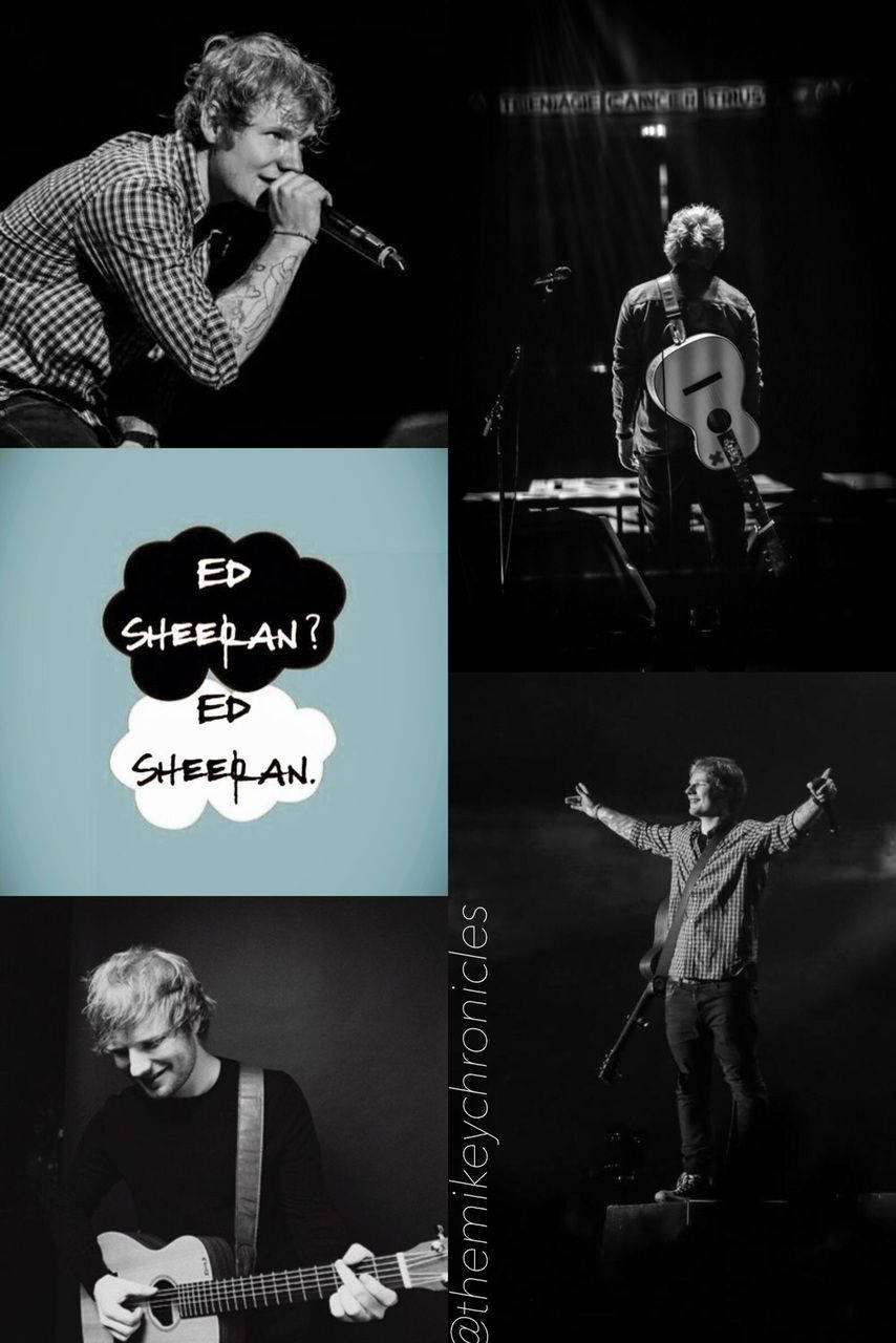 Ed Sheeran 在舞台上以結他和咪高峰現場表演的黑白照片。