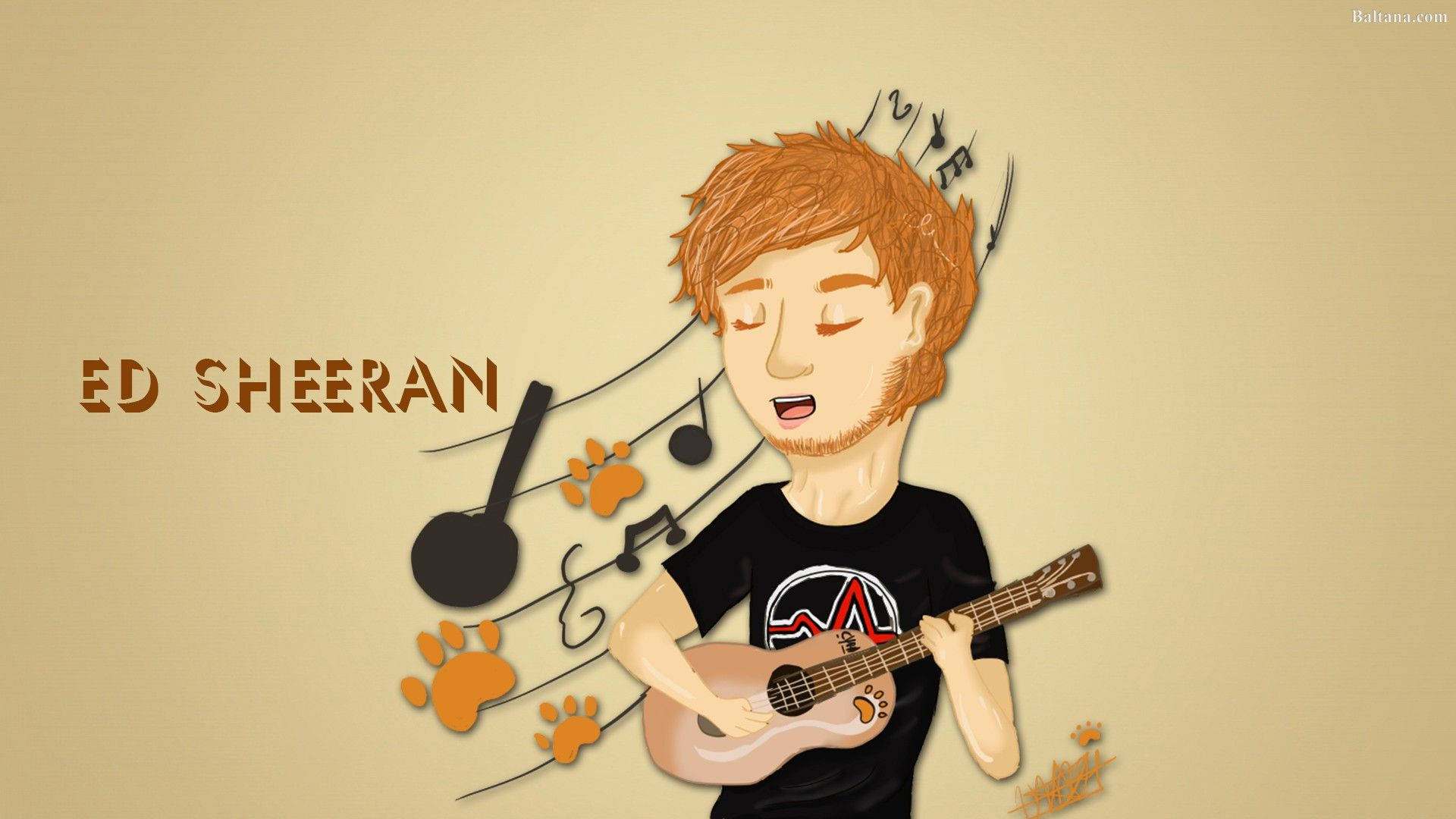 Ed Sheeran 彈結他，周圍有音符和腳印。