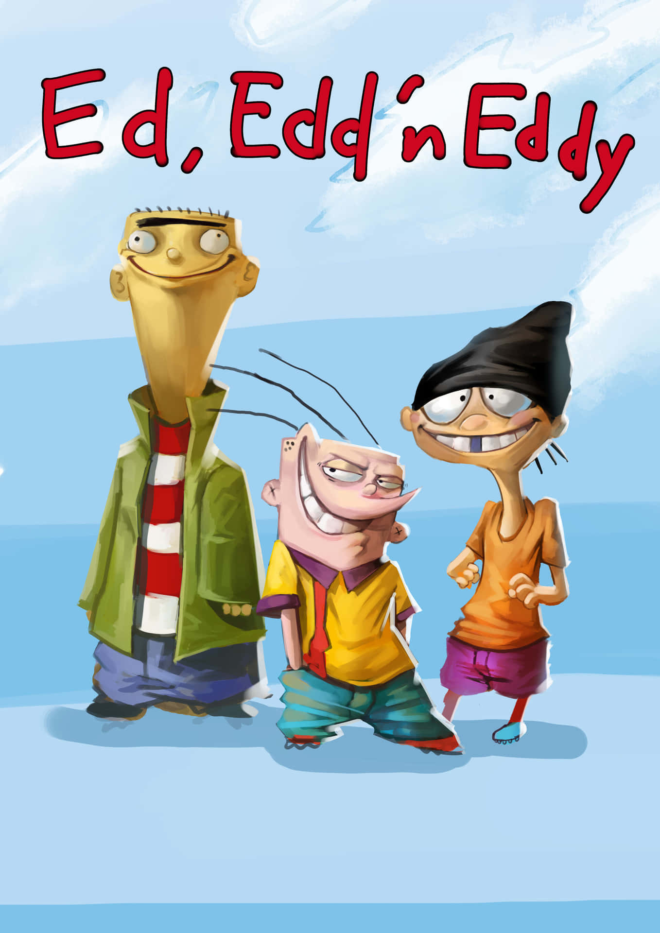 來自 Ed Edd n Eddy 的三個卡通男孩一起站在藍天下。