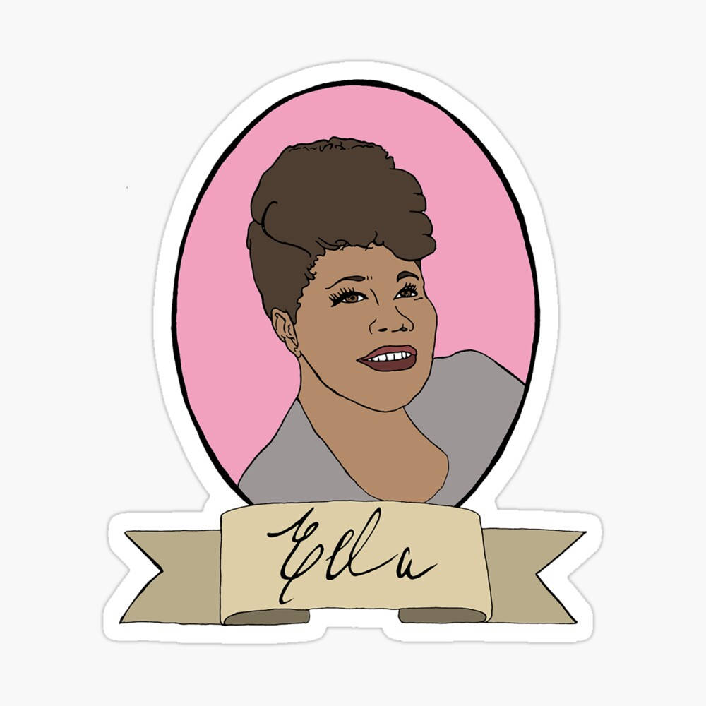 艾拉·費茲傑拉卡通畫 壁紙 — Ella Fitzgerald 的插圖肖像，置於橢圓形框架內，粉紅色背景，下方橫幅寫著 Ella。