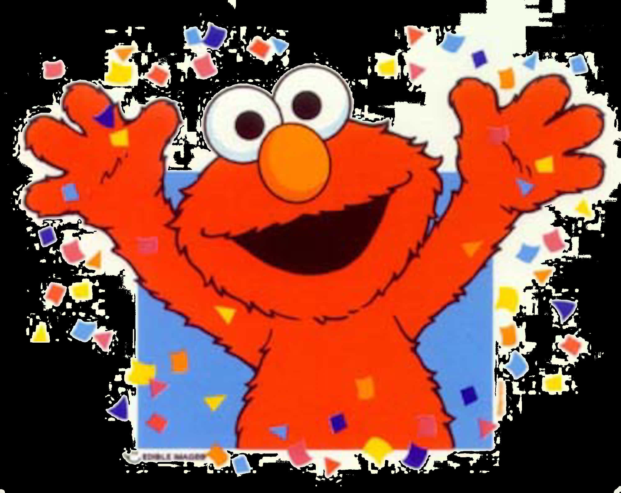 艾摩慶祝煙火 壁紙 — Elmo 在藍色背景上，於五彩紙屑中高興地舉起雙臂。
