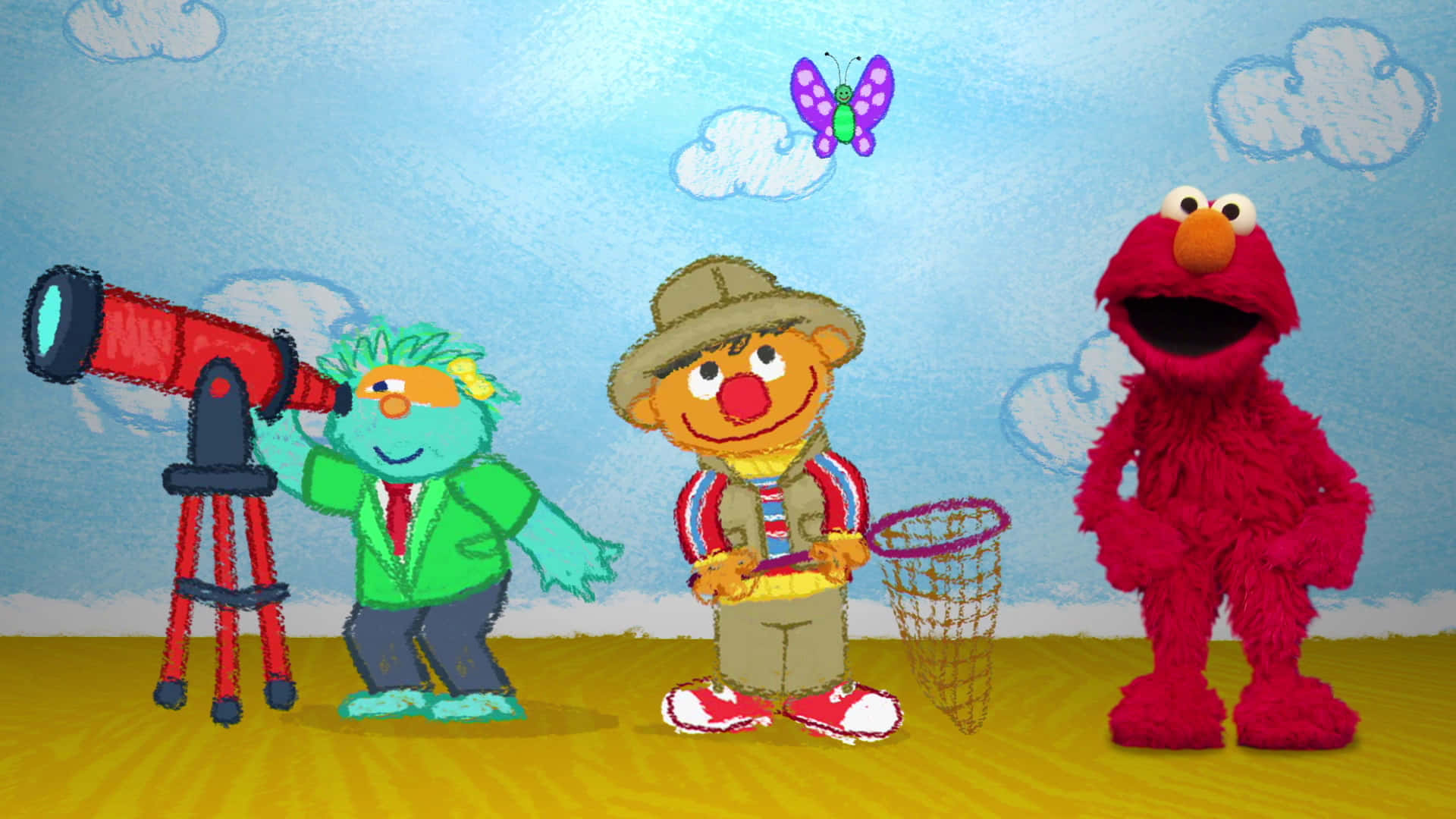 Elmo 和兩個朋友用望遠鏡和網子抬頭看蝴蝶。