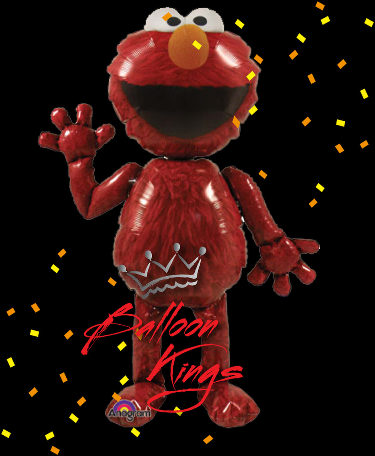 艾摩氣球王宣傳圖 壁紙 — 一個閃亮的紅色 Elmo 氣球公仔在黑色背景上歡快地揮手，黃色紙屑飄落。