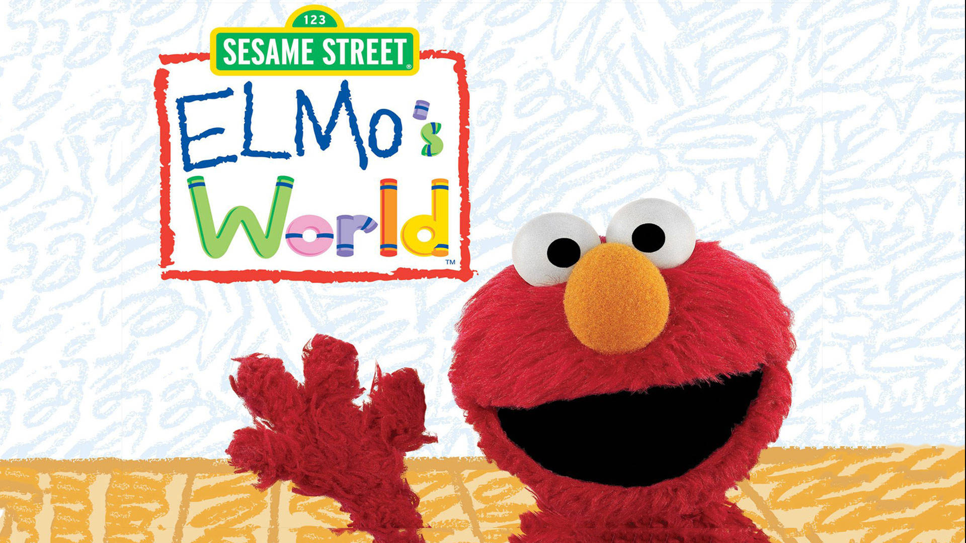 Elmo 喺 Elmo's World 標誌前面帶住開心嘅表情揮手。